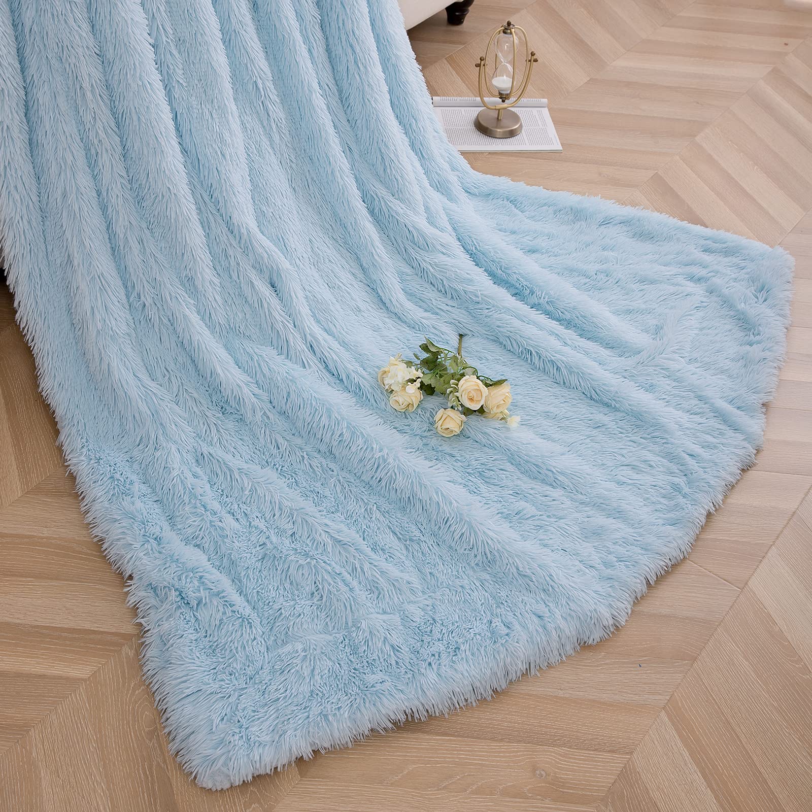 Premium Faux Fur Throw Blanket - Ultra Soft Lightweight Shaggy Plush Blanket for Couch, Bed & Chair - Warm Cozy Fluffy Decorative Blanket for Living Room, Bedroom & Office (Light Blue, 51