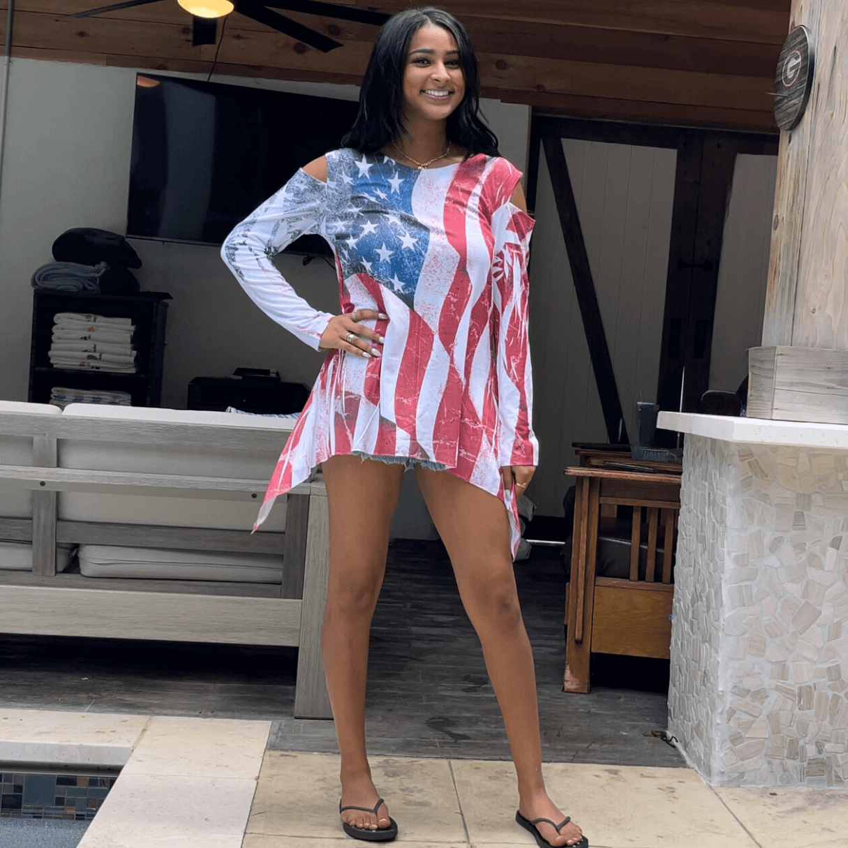 Patriotic Cold Shoulder Tunic - Made in USA | Women's American Flag Print Blouse for 4th of July, Memorial Day & Summer Outfits