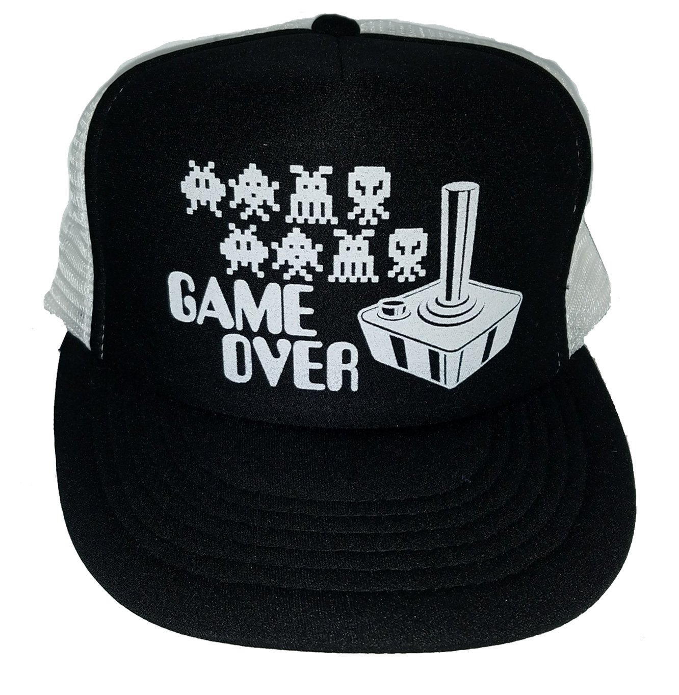 Retro Arcade Game Over Joystick Snapback Trucker Hat - Black Mesh Video Gaming Cap for Men & Women | Perfect for Gamers, Cosplay, and 80s Retro Parties