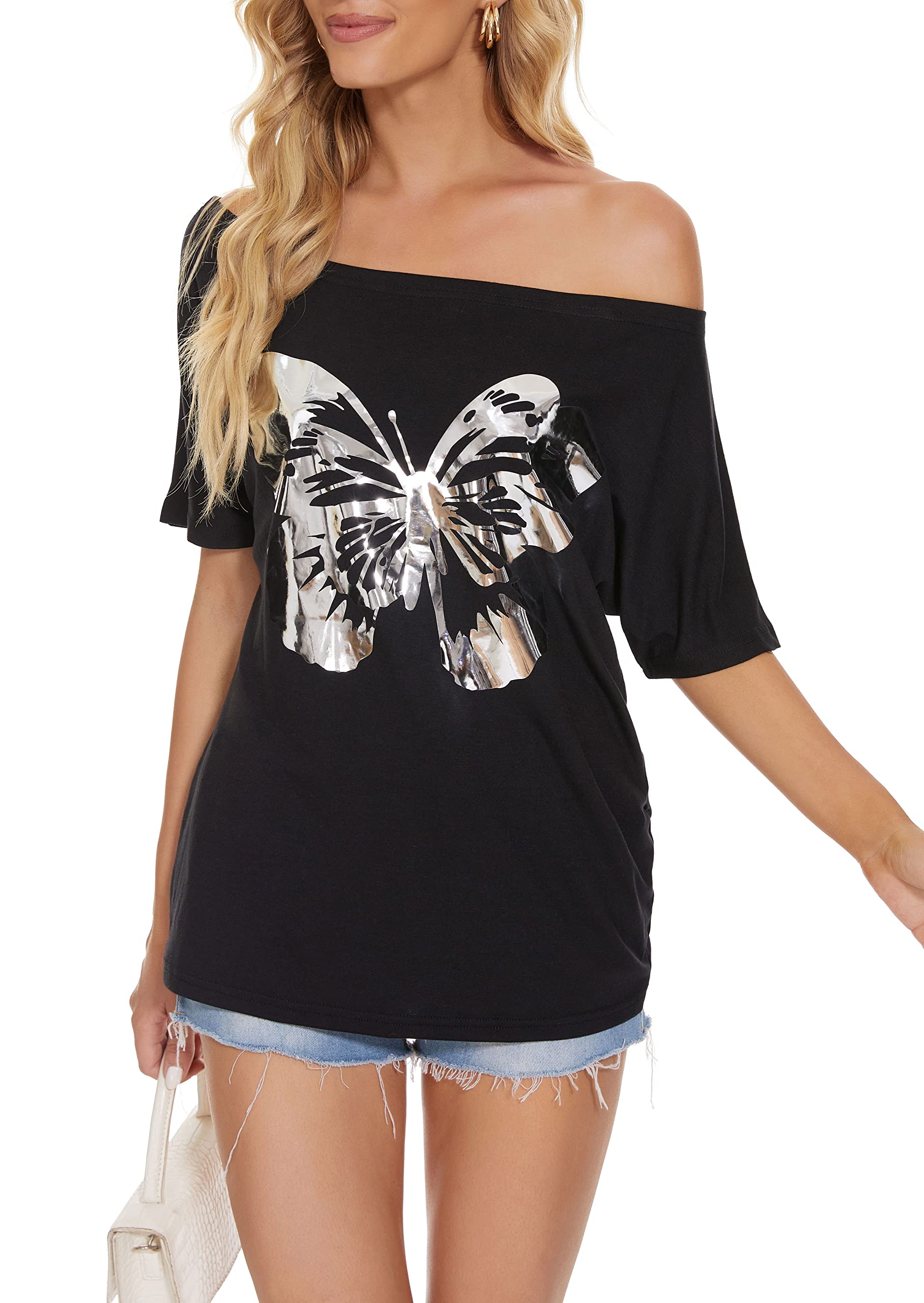 PESION Women's Off Shoulder Tops - Sexy Shiny Metallic Short Sleeve Blouses with Fashion Graphic Print | Perfect for Clubwear, Date Night & Summer Outfits
