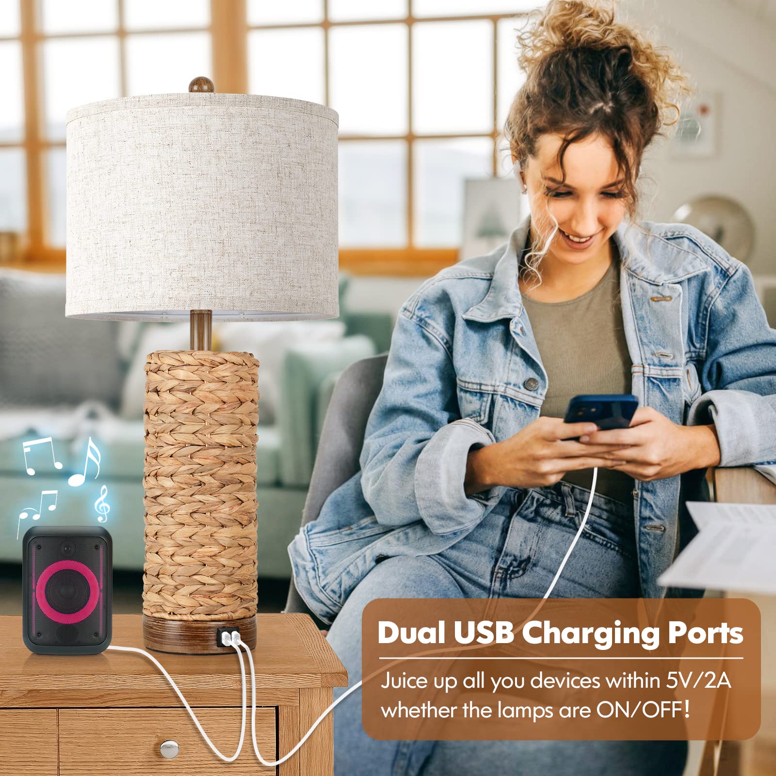 Set of 2 Rattan Table Lamps with 2 USB Ports - 27