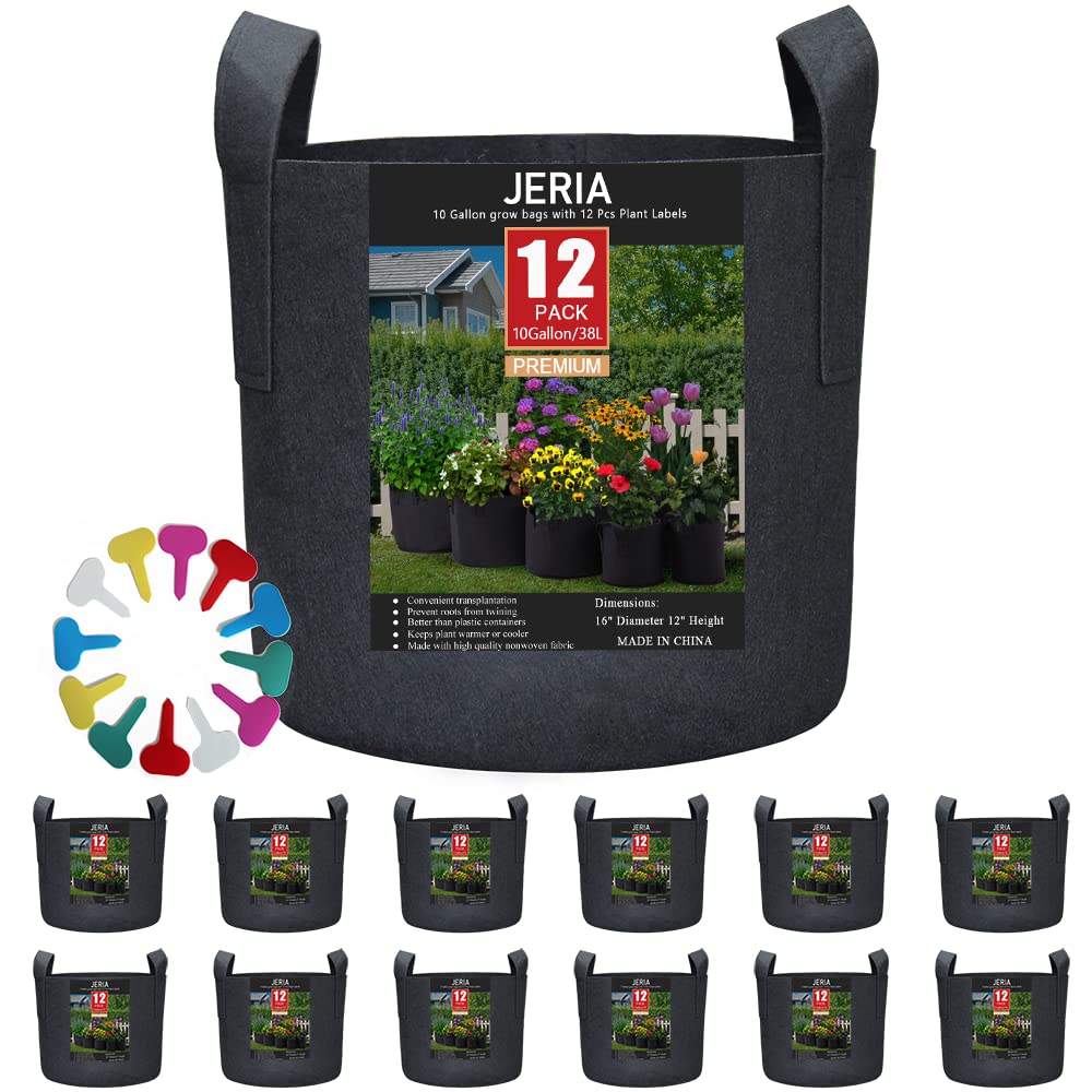 JERIA 12-Pack 10 Gallon Plant Grow Bags - Breathable Fabric Pots with Handles for Vegetables, Flowers & Plants (Black) - Includes 12 Plant Labels - Ideal for Indoor/Outdoor Gardening, Raised Beds & Container Planting