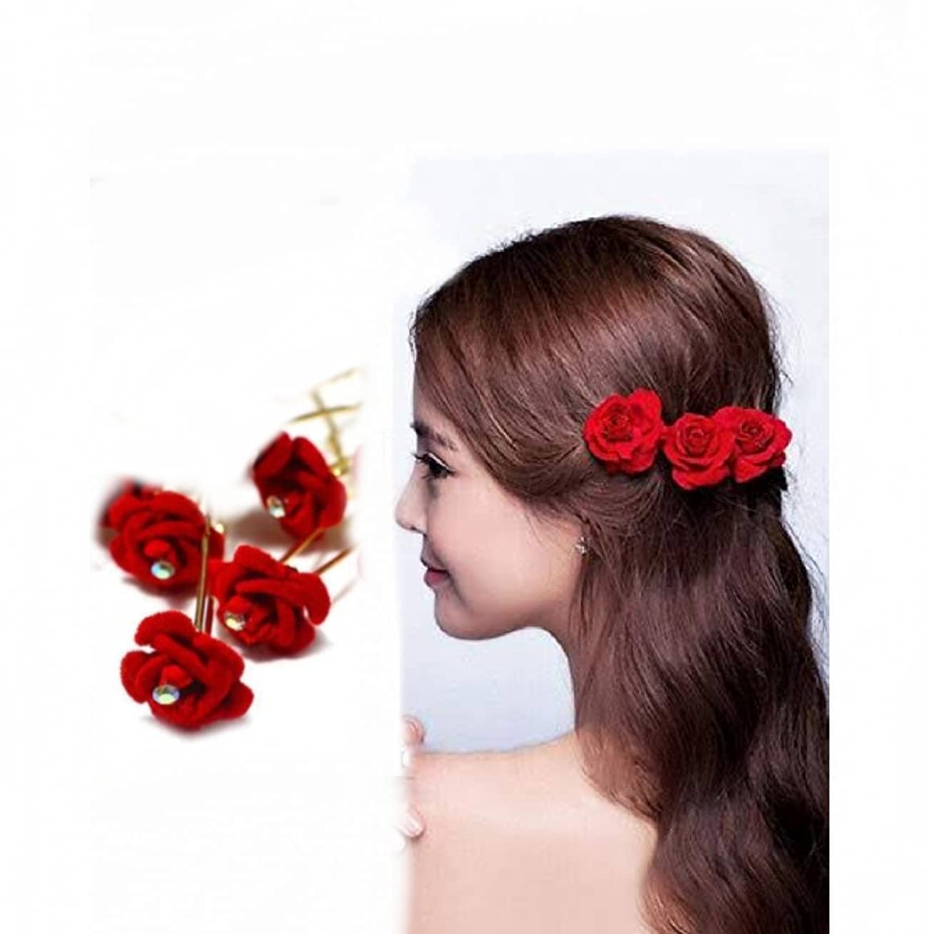 MOOLYAVAAN Red Artificial Bridal Hair Pins - 6 Pack Metal Rose Hair Accessories for Women & Girls - Perfect for Weddings, Prom, Parties & Special Occasions