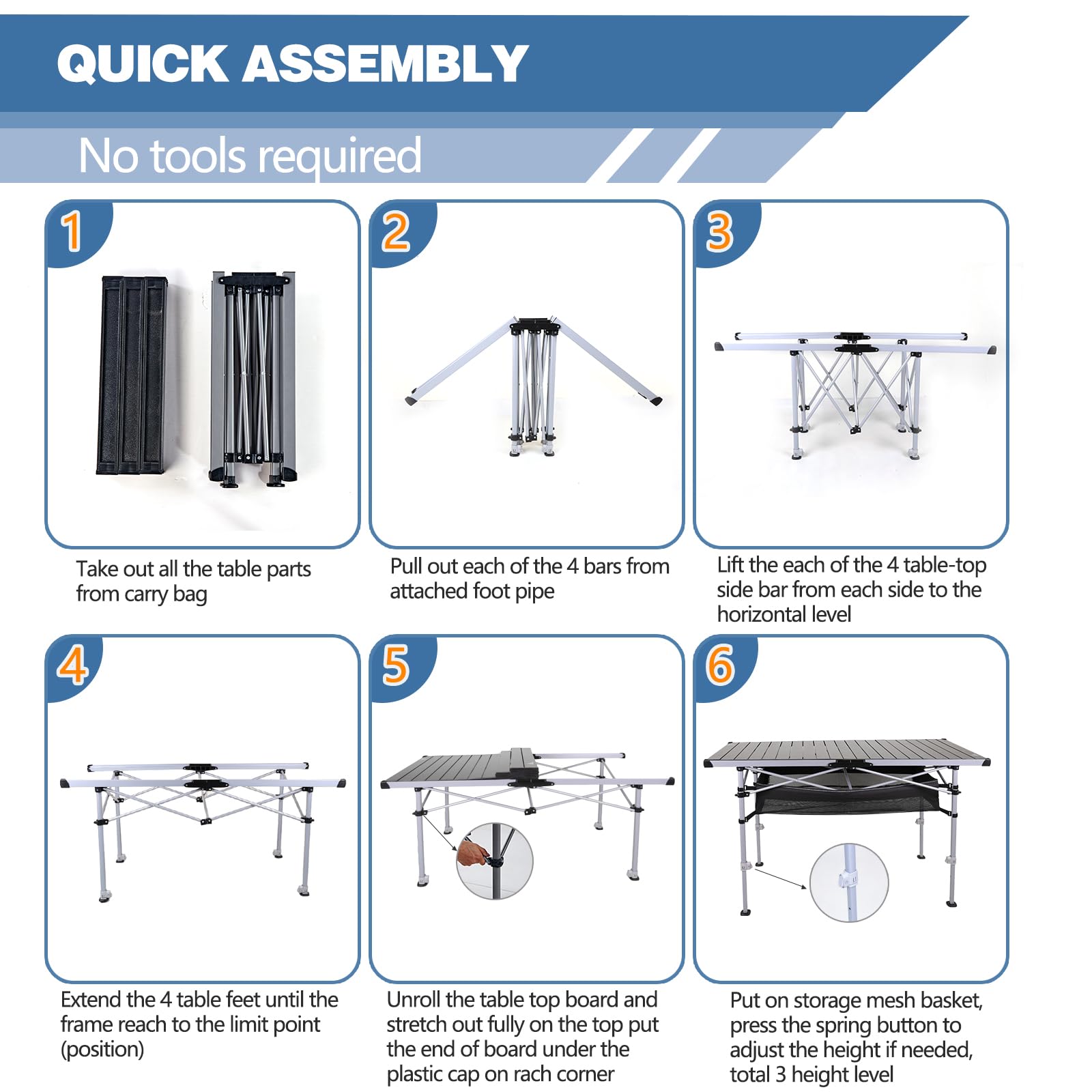 Ablazer Adjustable Height Aluminum Camping Table with Carry Bag - Portable Roll-Up Picnic Table for 4-6 People - Perfect for Outdoor, Camping, Beach, BBQ & Tailgating Parties