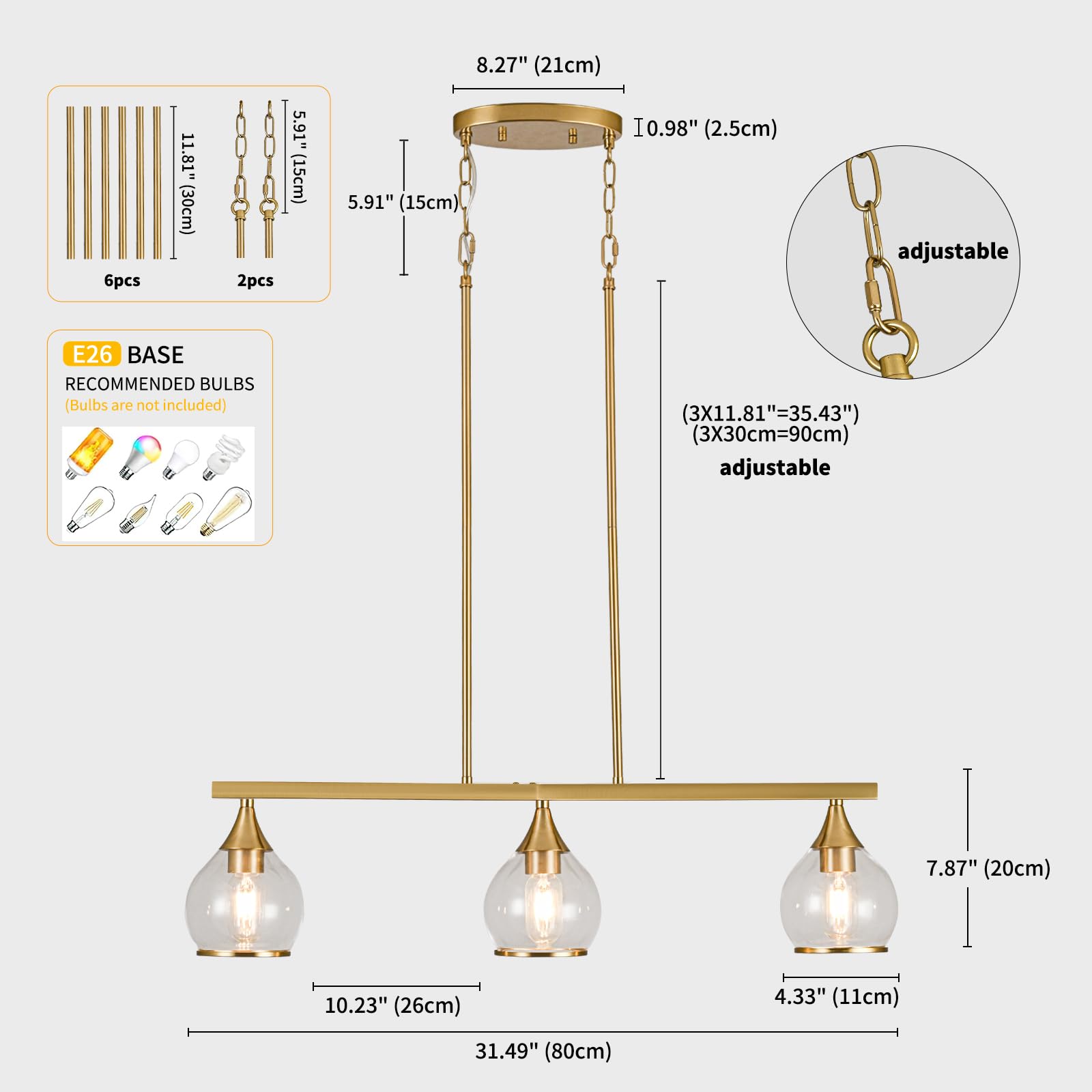 3-Light Gold Kitchen Island Linear Hanging Pendant Chandelier - Brushed Gold Dining Room Light Fixture with Clear Round Glass Shades - Perfect for Kitchen Islands, Dining Tables, and Breakfast Bars