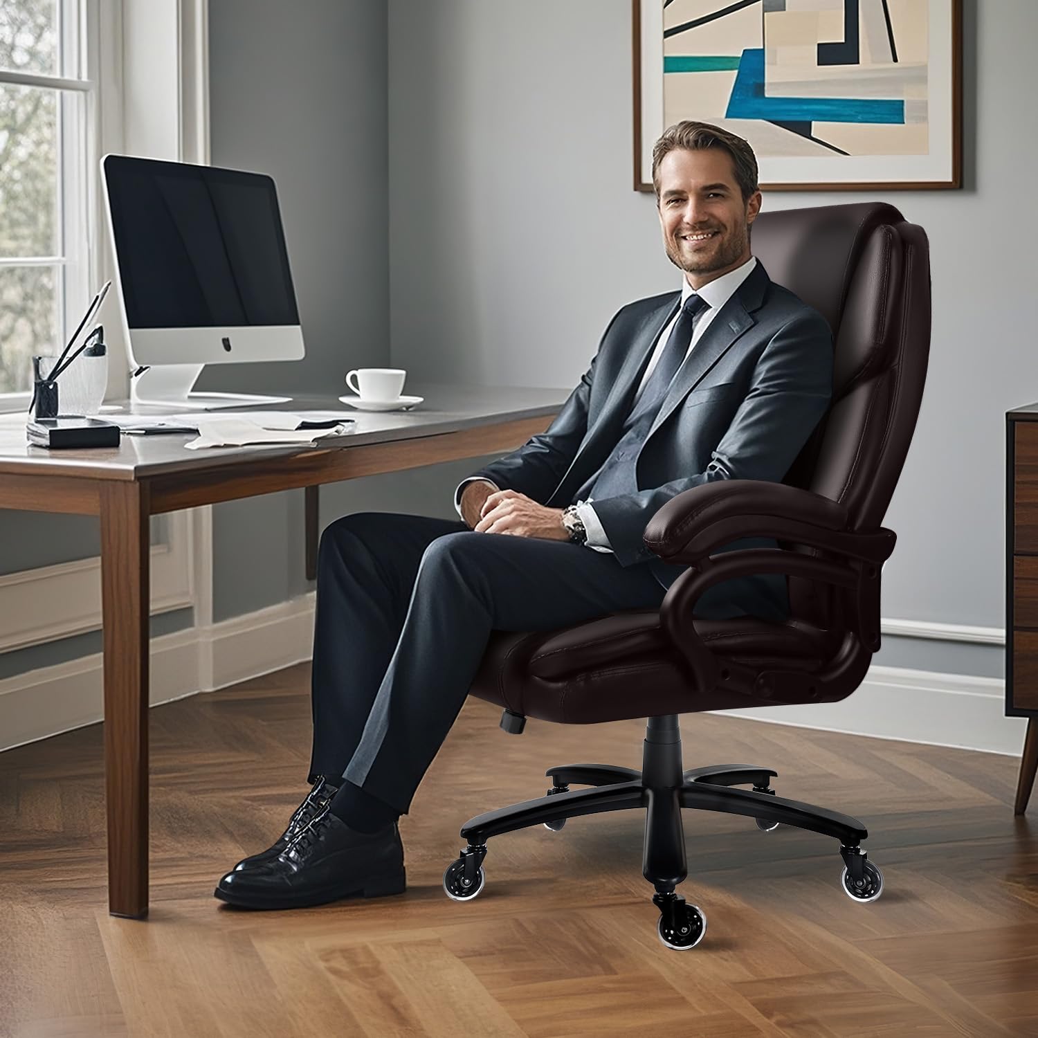 Waleaf 500lbs Heavy Duty Big and Tall Office Chair - Adjustable Ergonomic Executive Chair with Lumbar Support, High Back & Quiet Rubber Wheels - Perfect for Heavy People, Home Office, Gaming & Workspaces