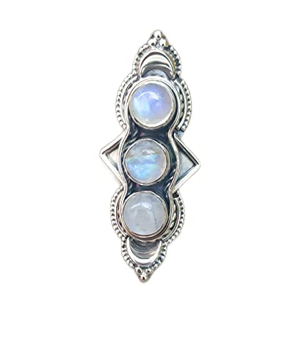 Genuine Rainbow Moonstone Ring - 925 Sterling Silver Statement Ring with Blue Flash, Three Stone Design for Women | Perfect for Weddings, Parties & Everyday Elegance