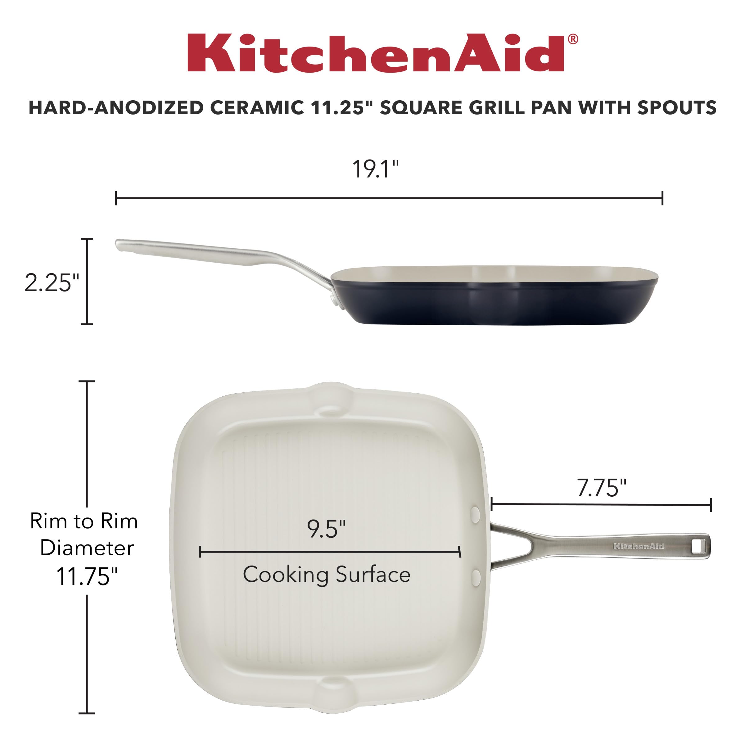 KitchenAid 11.25 Inch Square Hard Anodized Ceramic Nonstick Grill Pan & Griddle - Matte Black for Indoor/Outdoor Cooking, BBQ, Grilling & Pancakes
