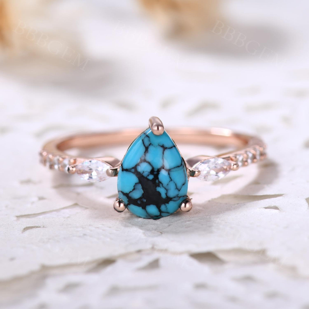 Turquoise Rose Gold Engagement Ring - Art Deco Vintage Promise Ring for Women, Gift for Her, Anniversary, Valentine's Day, Proposal, Wedding Jewelry
