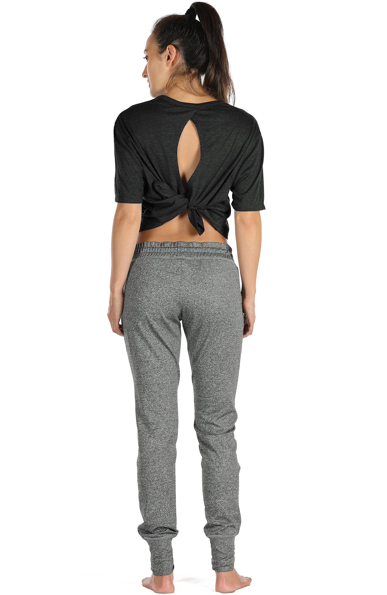 Icyzone Open Back Workout Top Shirts for Women - Breathable Yoga T-Shirts & Activewear Exercise Crop Tops (2-Pack, Black/Beige) - Perfect for Gym, Yoga & Running