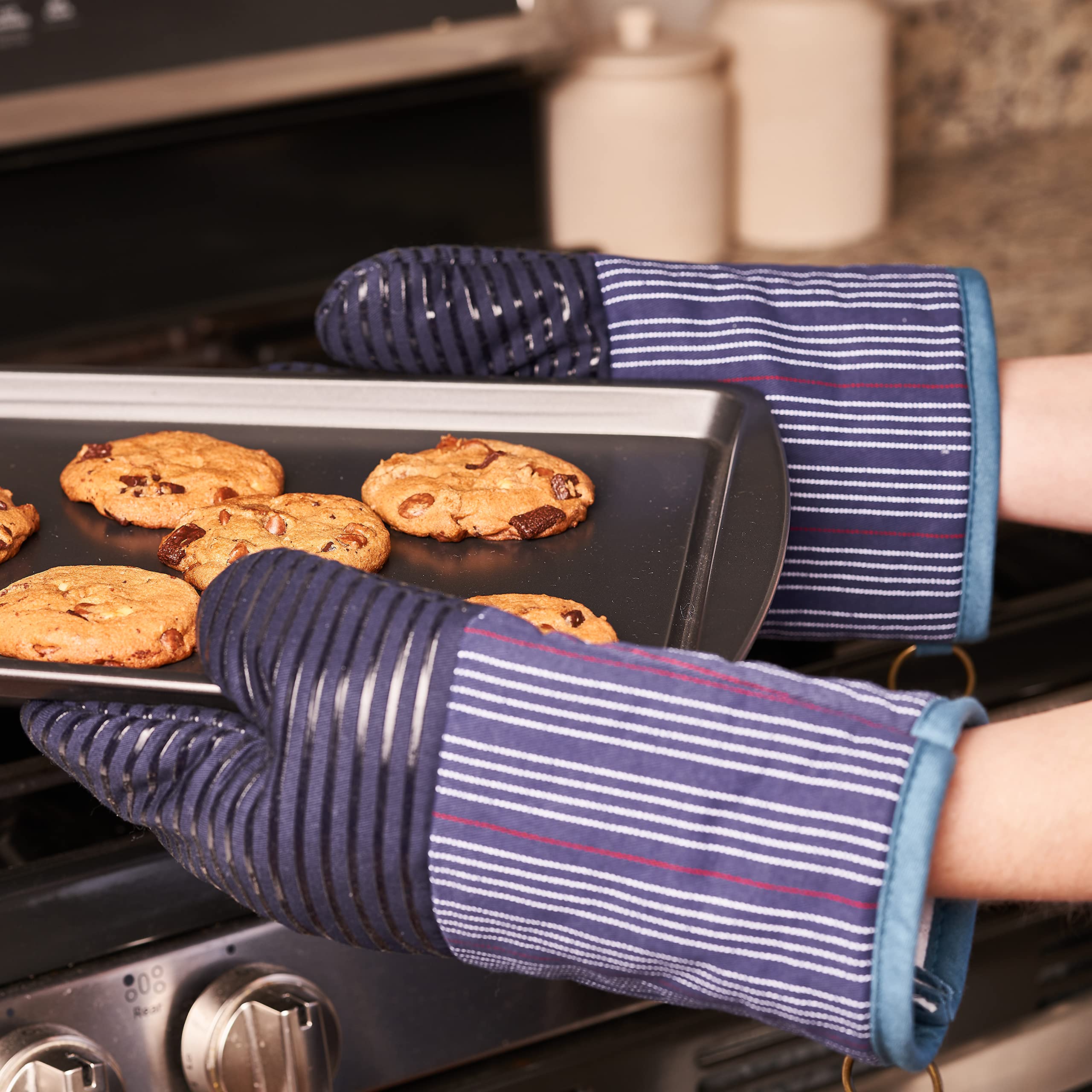NAUTICA Home - Heat Resistant Oven Mitts & Potholders Set of 2, 500°F Silicone Grip, Navy Stripes - Perfect for Baking, Grilling & Cooking Safety
