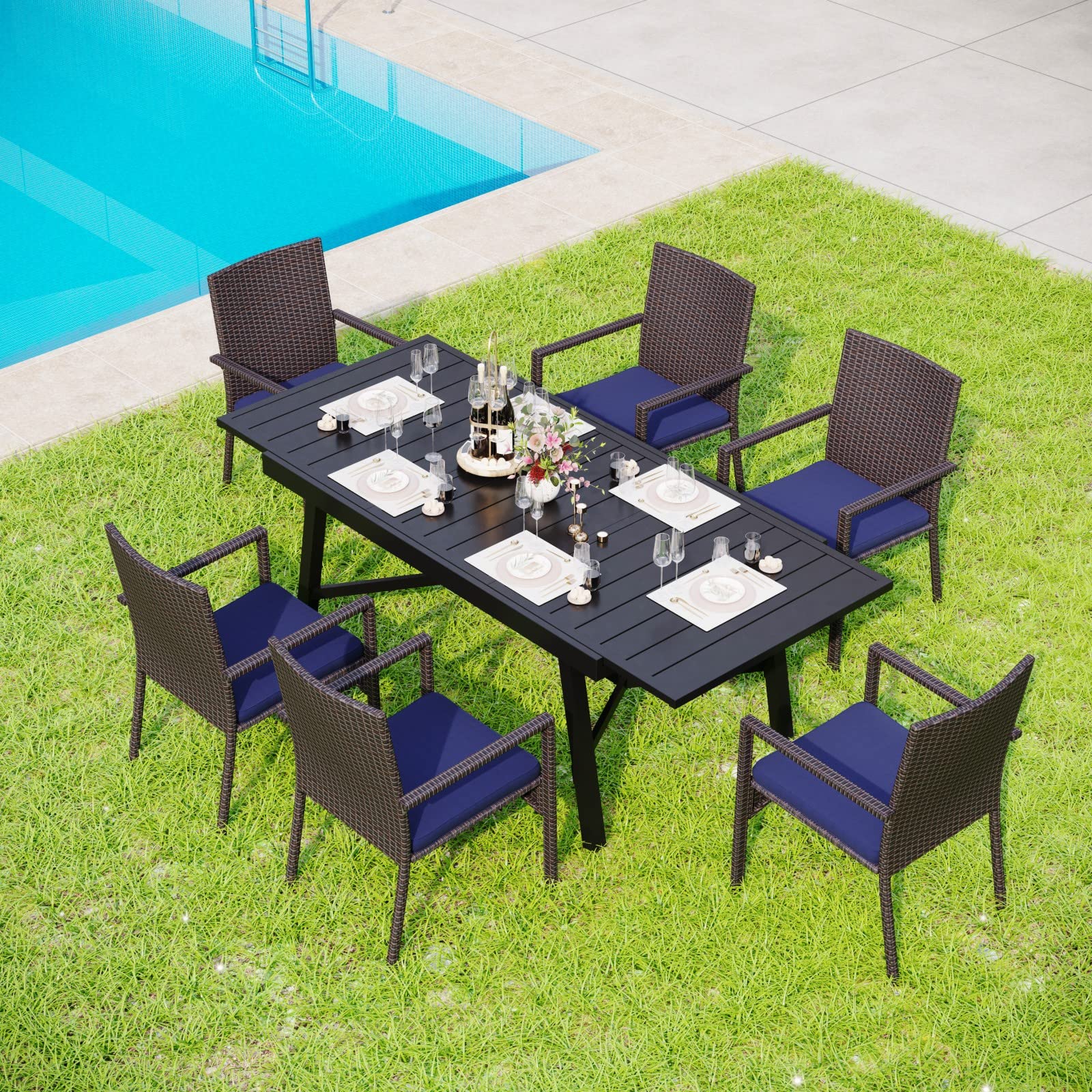 MFSTUDIO 7-Piece Outdoor Wicker Patio Dining Set for 6 - Expandable Rattan Table & Chairs - Weather-Resistant Garden Furniture for Backyard, Poolside & Outdoor Entertaining