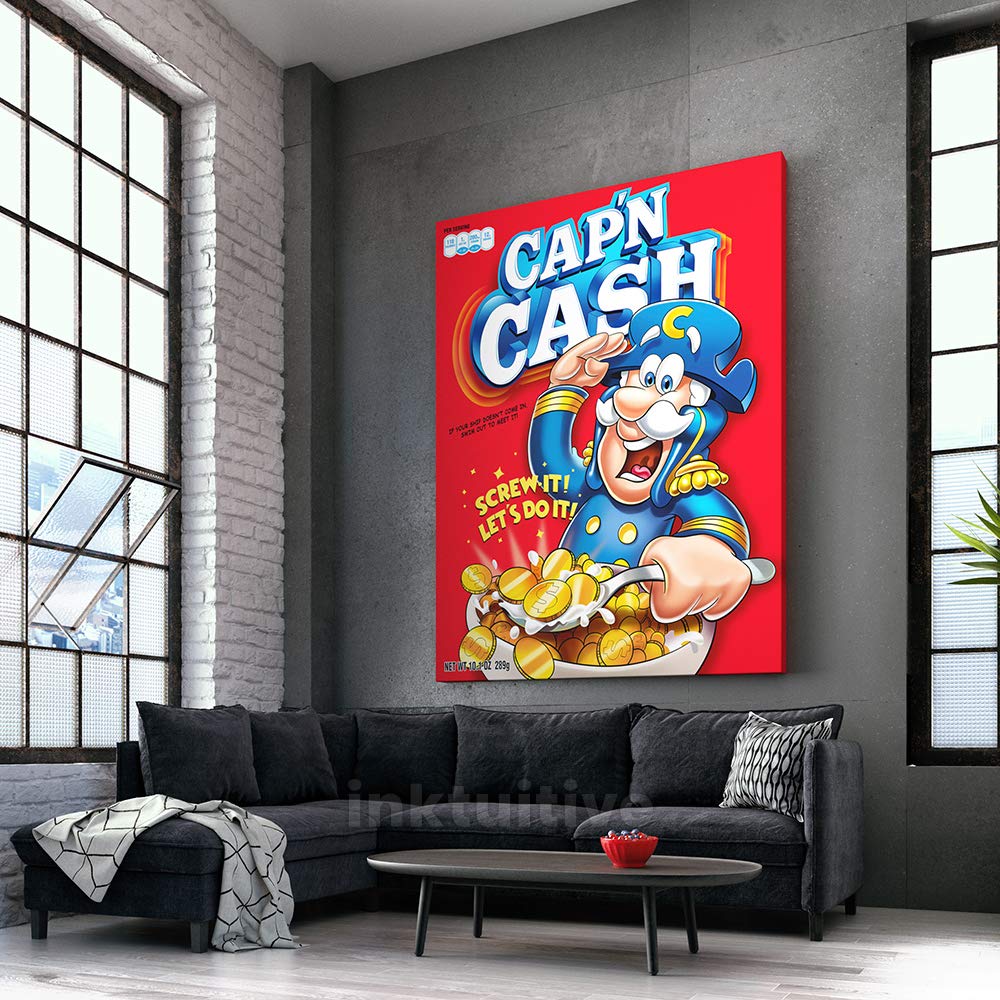 Inktuitive 'Capn Cash’ Motivational Wall Art with Black Frame | Cereal-Inspired Canvas Print | Inspirational Décor for Bedroom, Kitchen, Living Room & Office | 40 x 30 Inches | Perfect for Home, Office & Gifts