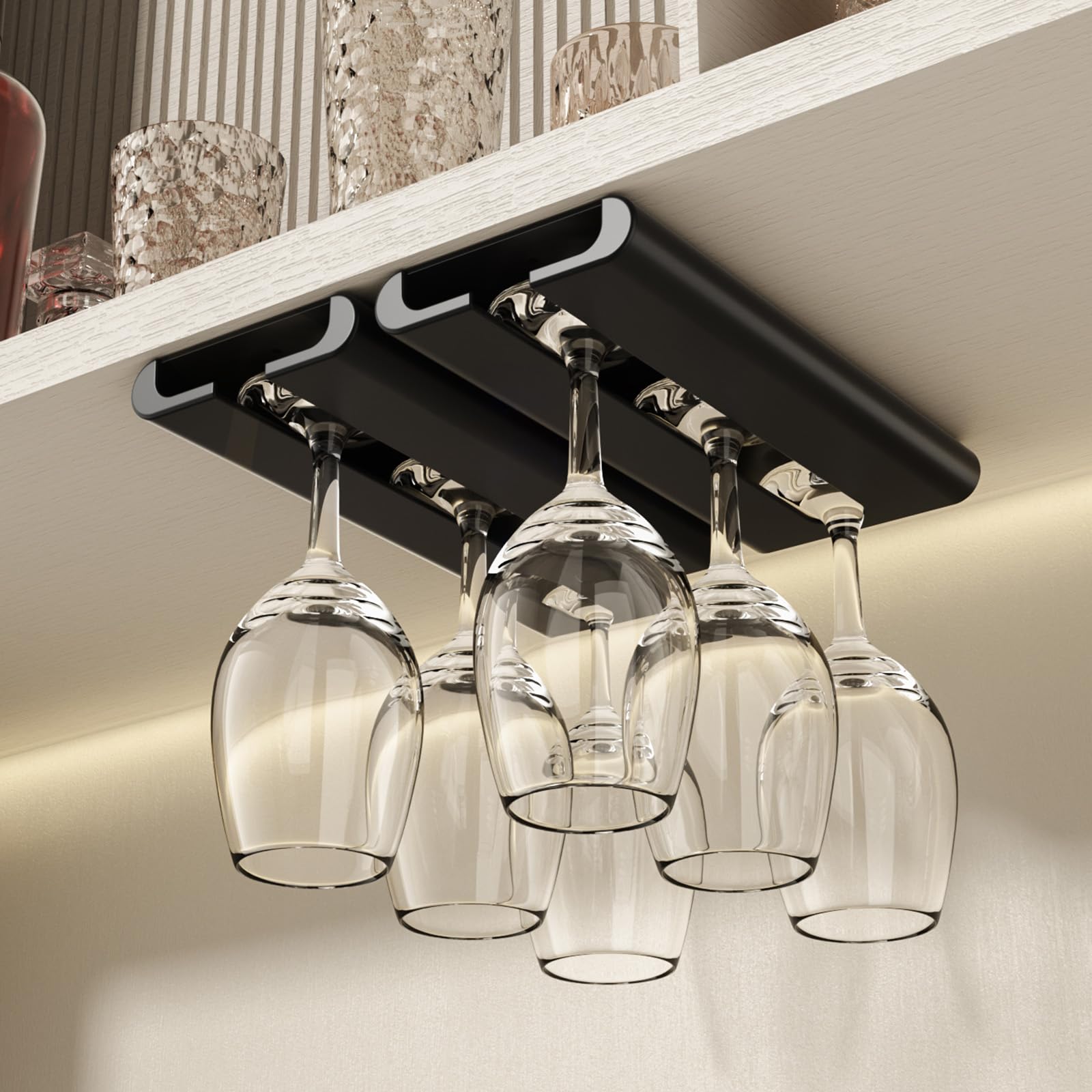 2-Pack Black Under Cabinet Stemware Rack - No Drill Wine Glass Holder for Kitchen & Bar Organization - Perfect for Hanging Wine Glasses, Champagne Flutes, and Cocktail Cups in Small Spaces