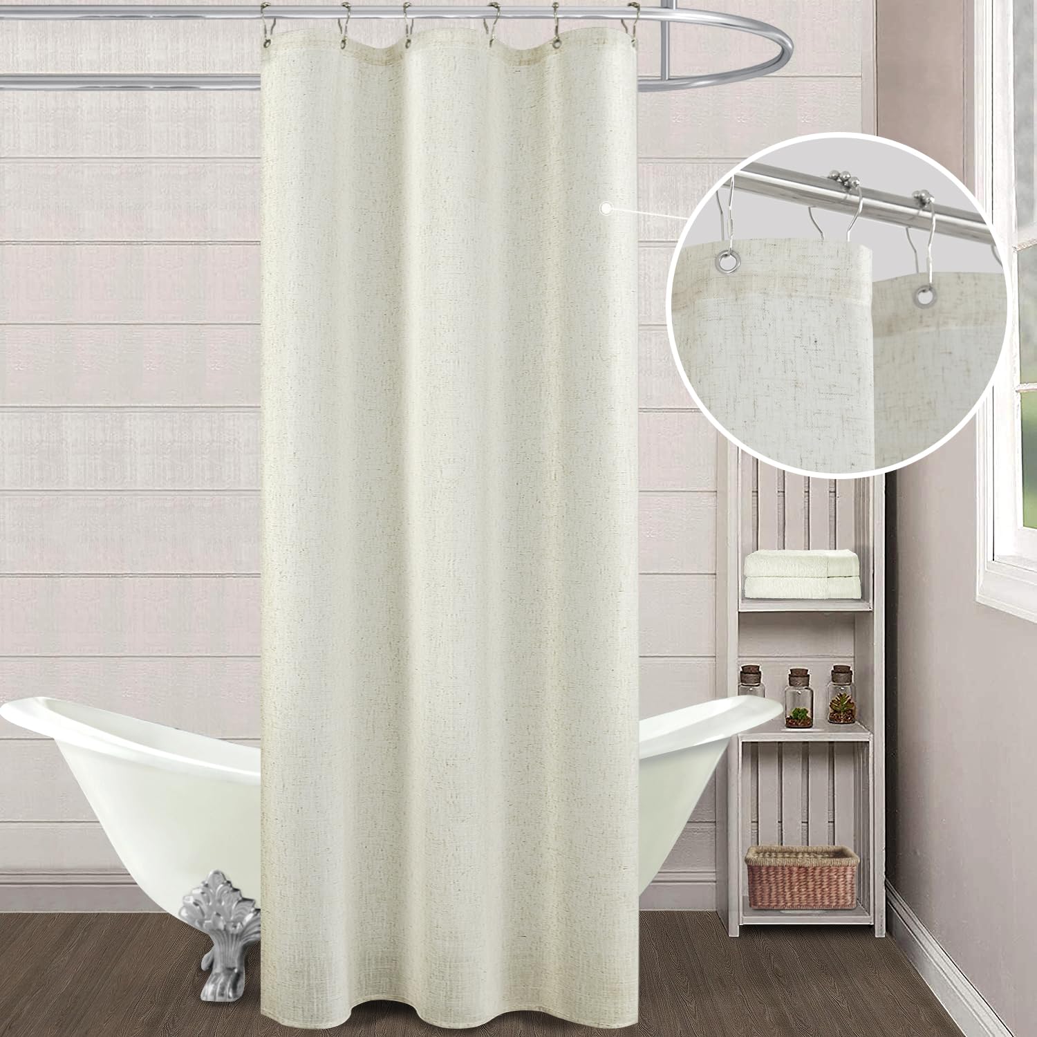 KOUFALL 36x72 Inch Waterproof Linen Shower Curtain - Natural Boho Farmhouse Style for Small Bathrooms, RVs & Narrow Spaces | Includes Rustic Hooks | Perfect for Cozy Bathrooms, Tiny Homes & Campers