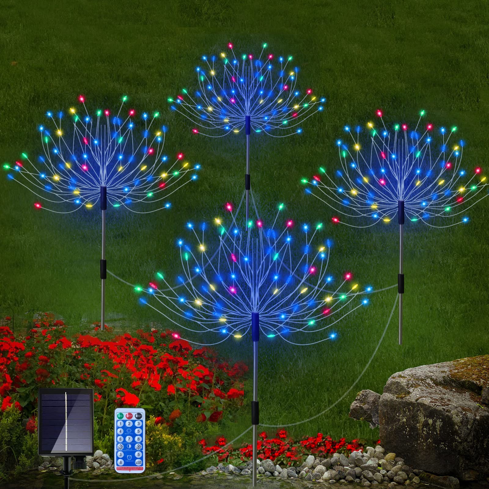 120 LED Solar Pathway Lights Outdoor 4 Pack - IP65 Waterproof, 8 Lighting Modes, Remote Control - Colorful Solar Garden Lights for Christmas, DIY Firework Decorations - Perfect for Walkways, Patios, and Landscape Lighting