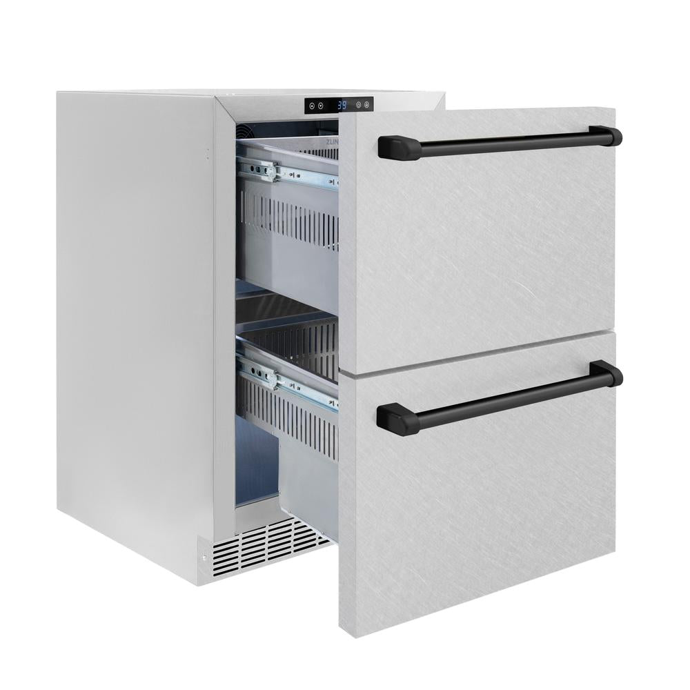 ZLINE Autograph Edition 24 Inch Touchstone 168 Can Outdoor Rated Dual Refrigerator Drawer - Stainless Steel Doors & Matte Black Handles (RDSOZ SN 24 MB) | Perfect for Outdoor Kitchens, Patio Bars & Entertaining Spaces
