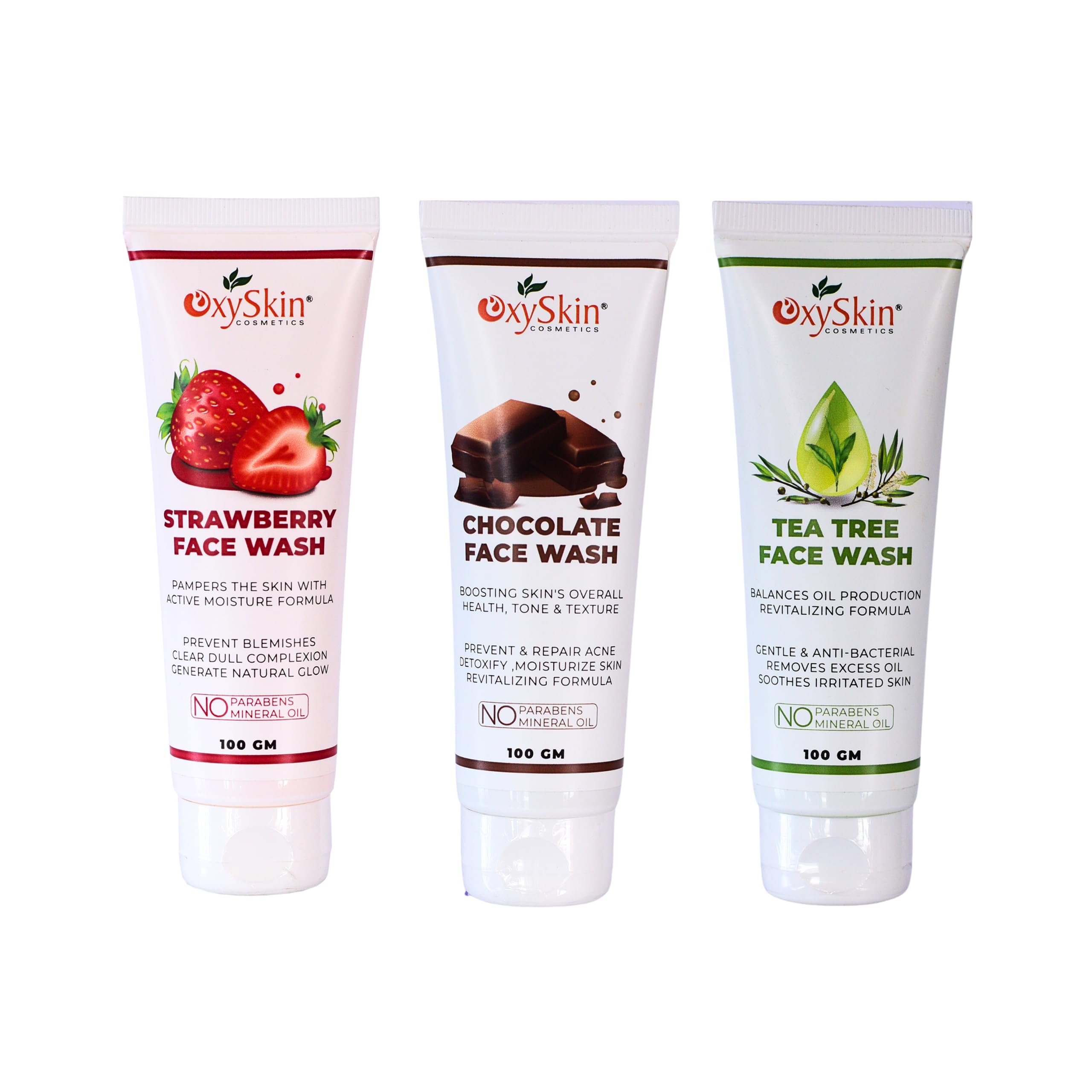 Oxyskin Cosmetics 3-Pack Face Wash Set - Strawberry, Chocolate & Tea Tree for Acne & Glowing Skin | Gentle Cleansing for Daily Skincare Routine