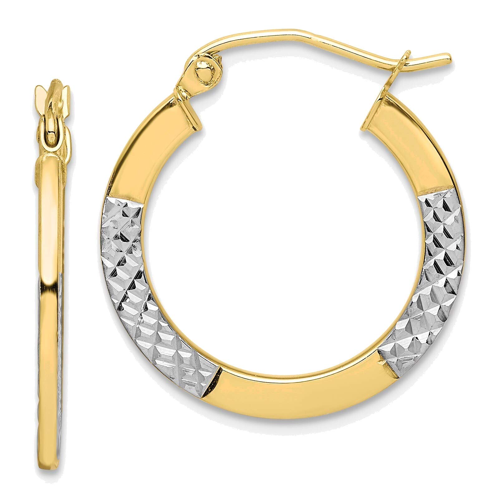 2.5x20mm Diamond Cut Hoop Earrings - 10K Yellow Gold with Rhodium Plating - Perfect for Everyday Wear, Parties & Special Occasions