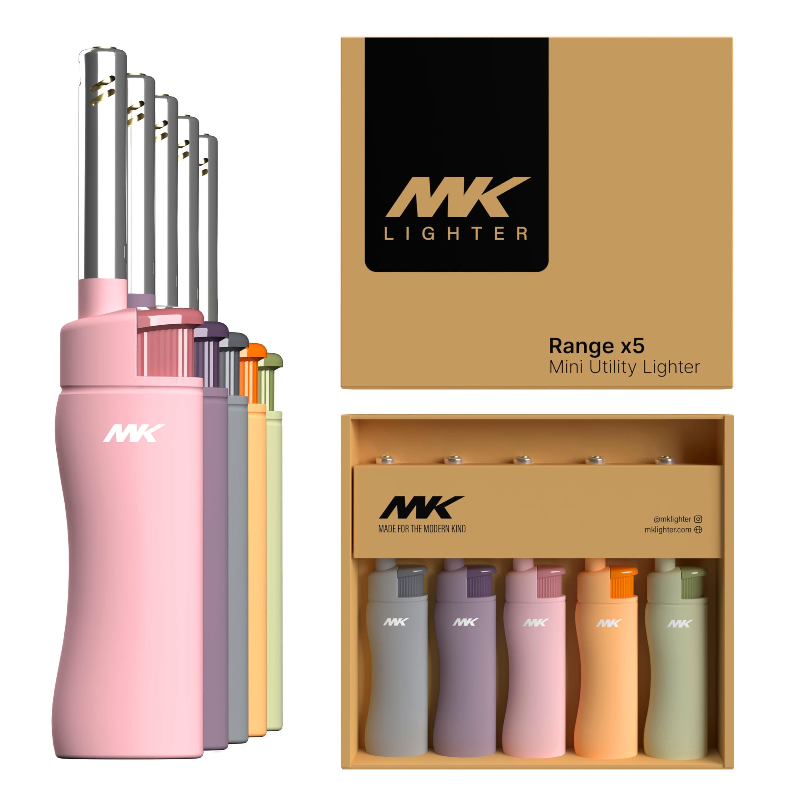 MK Windproof Butane Refillable Lighters - 5pc Pastel Set for Candles, BBQ, Camping & Outdoor Use | Long-Lasting Flame for Home, Parties & Travel