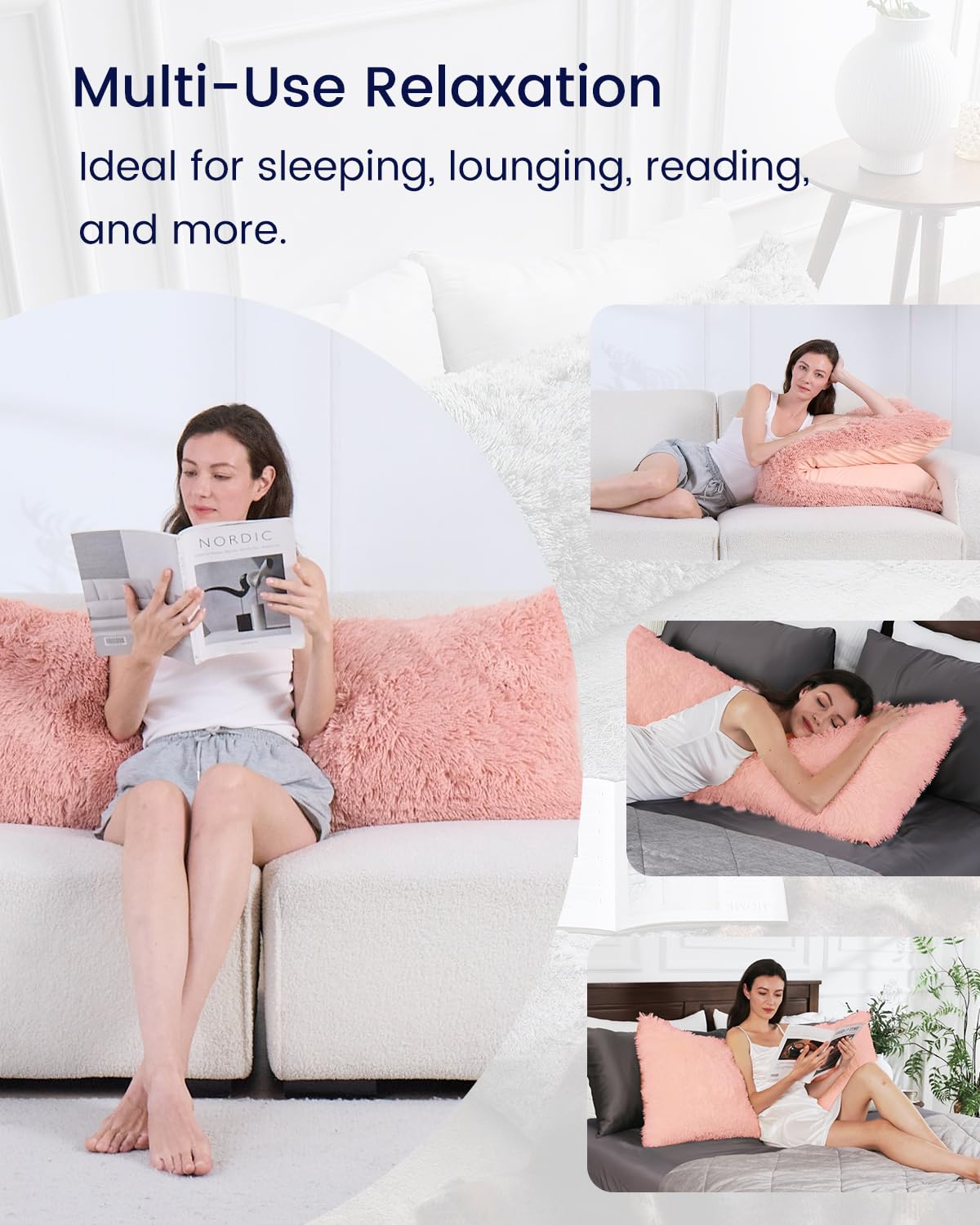ZonLi Fluffy Full Body Pillow for Adults - Extra Long Support Pillow with Removable Washable Cover & Adjustable Filling - Ideal for Side Sleepers, Pregnancy Support, Back Pain Relief - Soft & Firm Machine Washable Pillow (Pink) - Perfect for Bed, Couch, Travel & Maternity Comfort