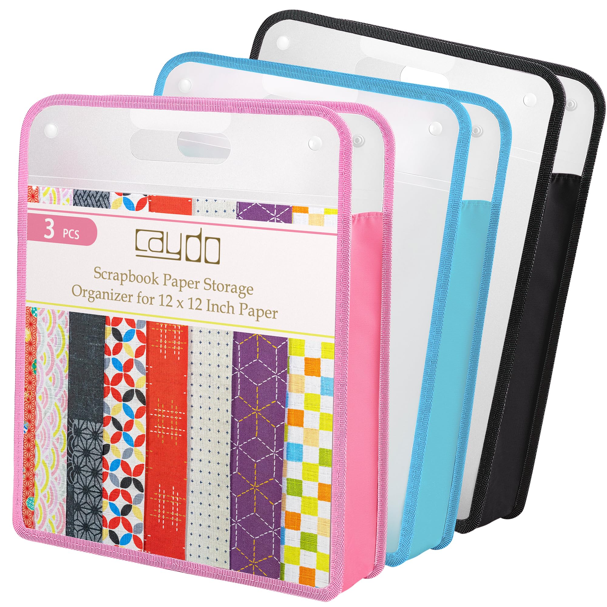 Caydo 3-Pack Clear Expanding Scrapbook Paper Organizer with Handle - 12x12 Portable Paper Storage for Scrapbooking, Vinyl, Cardstock (Blue, Pink, Black) - Perfect for Craft Rooms, Scrapbook Projects & Art Supplies Organization