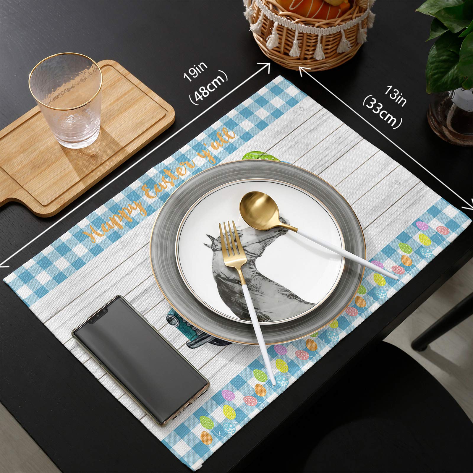Easter Egg Truck Placemats Set of 4 - Blue Check Plaid Wood Grain Table Mats for Easter & Spring Holiday - Washable Cotton Linen Table Decor for Dining Room, Kitchen, and Party Settings
