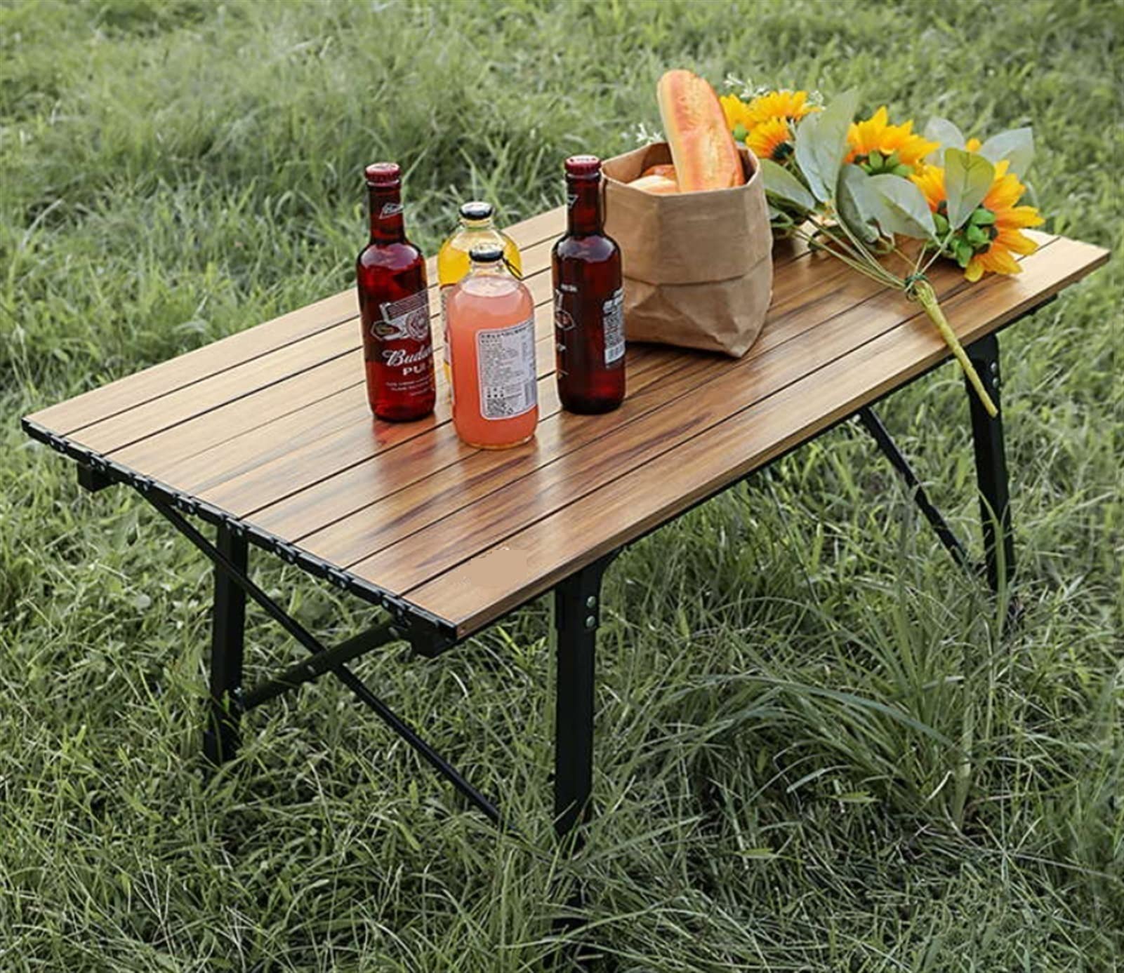 Portable Folding Picnic Table - Lightweight Roll Up Camping Table with Retractable Wood Grain Aluminum Alloy Frame - Perfect for Outdoor Travel, Beach, Backyard & Tailgating Parties