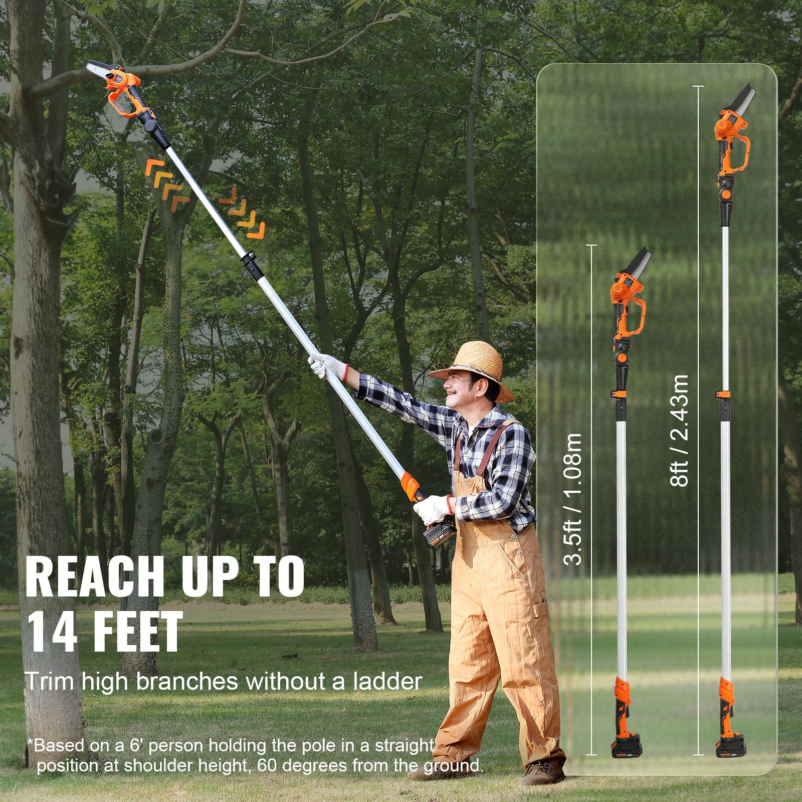 VEVOR 20V 4Ah Cordless Pole Saw & Mini Chainsaw 2-in-1 Combo Kit - 5-inch Chainsaw with 14-Foot Extendable Pole for Tree Trimming, Wood Cutting, and Garden Maintenance (Includes Battery & Blade Cover) - Perfect for Landscaping, Yard Work, and DIY Home Projects