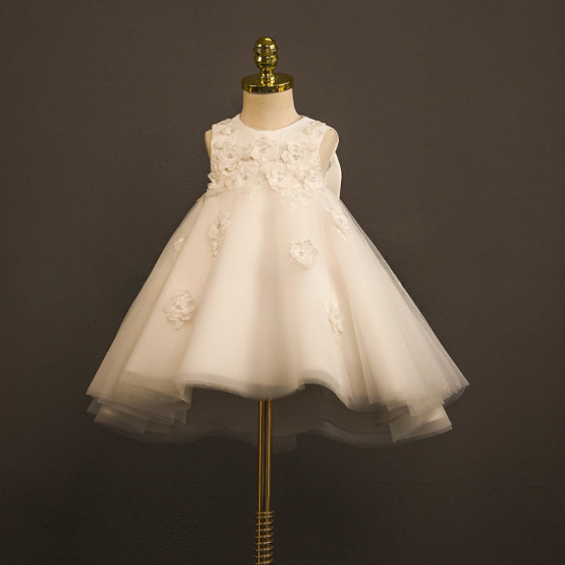 Elegant White Satin Flower Girl Dress with Lace & Floral Details - Perfect for Weddings, Baptisms & Special Occasions