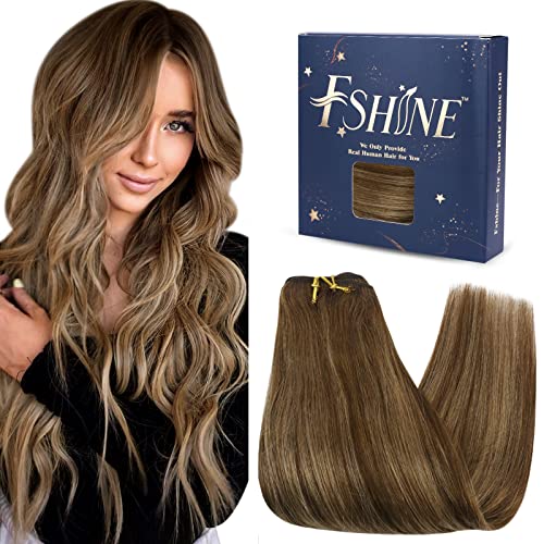 Fshine 16-Inch Hand-Tied Weft Hair Extensions - 100g Real Human Remy Hair in Natural Balayage Medium Brown & Caramel Blonde | Soft, Invisible Sew-In Extensions for Women | Perfect for Weddings, Parties & Daily Styling