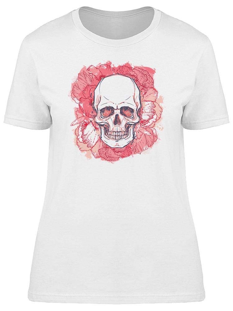 Smartprints Skull Over Watercolor Peonies T-Shirt for Women | Gothic Floral Graphic Tee | Casual Streetwear & Festival Outfit