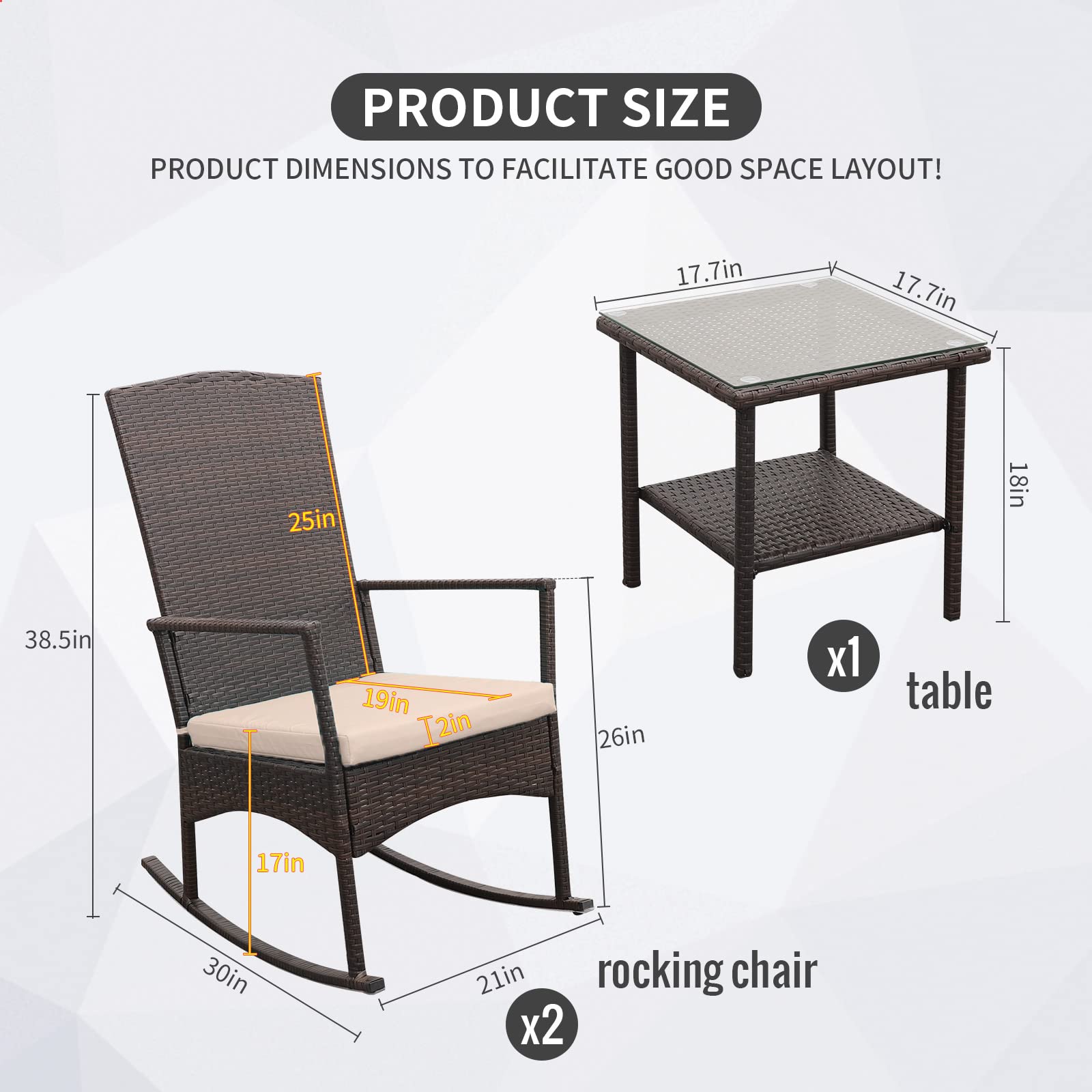Outdoor PE Wicker Rocking Chair Set - 3-Piece Patio Furniture with 2 Rocking Armchairs & Glass Coffee Table, Washable Rattan Cushions (Khaki) - Perfect for Garden, Porch, and Backyard Relaxation