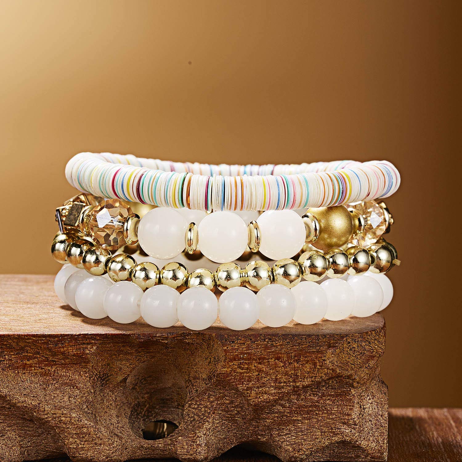 Boho Bracelets for Women - 5 Sets Multilayer Stackable Crystal Beaded Stretch Bracelets, Sparkly Beaded Jewelry Set for Casual Wear, Parties & Gift Giving