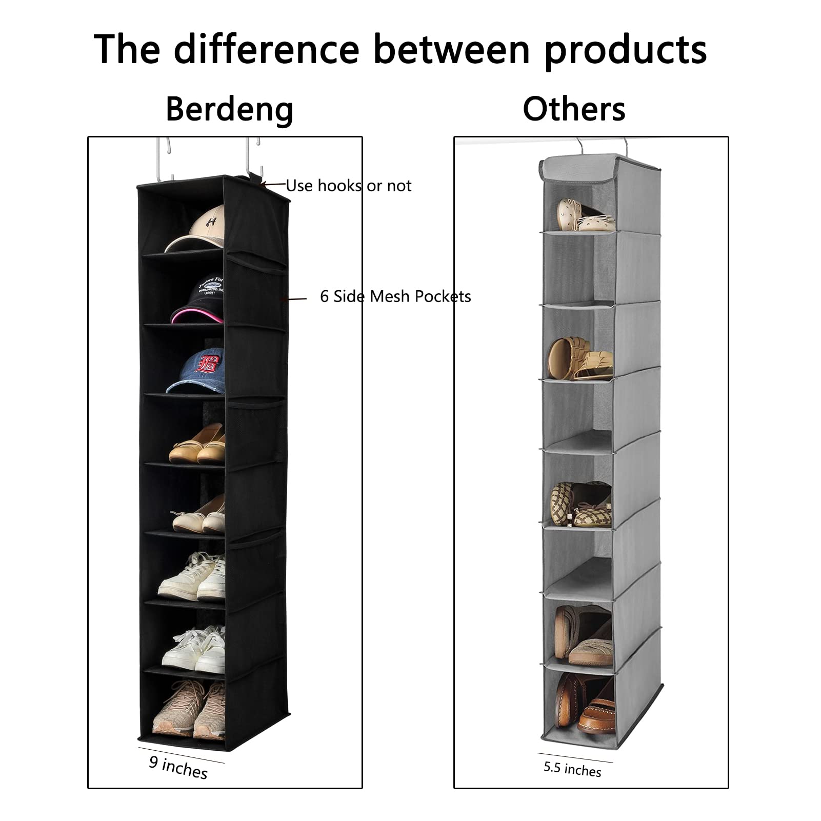 Hanging Shoe Organizer for Closet with Side Mesh Pockets - 8-Shelf Shoe & Hat Storage Holder for Baseball Caps - Space Saving Closet Organizer (Black, 2 Pack) - Perfect for Bedroom, Dorm, Entryway & Small Space Organization