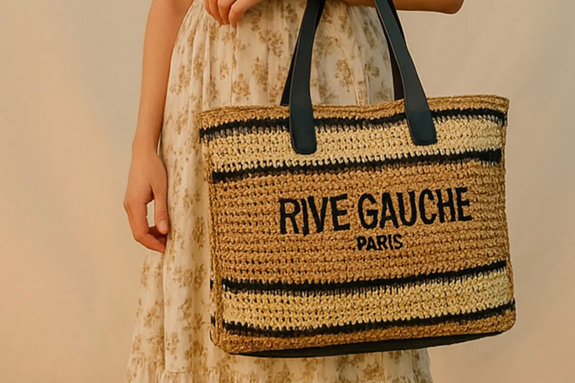 Handmade Raffia Cabas Rive Gauche Paris Tote Bag - Riviera Style Woven Straw Beach Bag for Women, Summer Vacation, Shopping & Travel