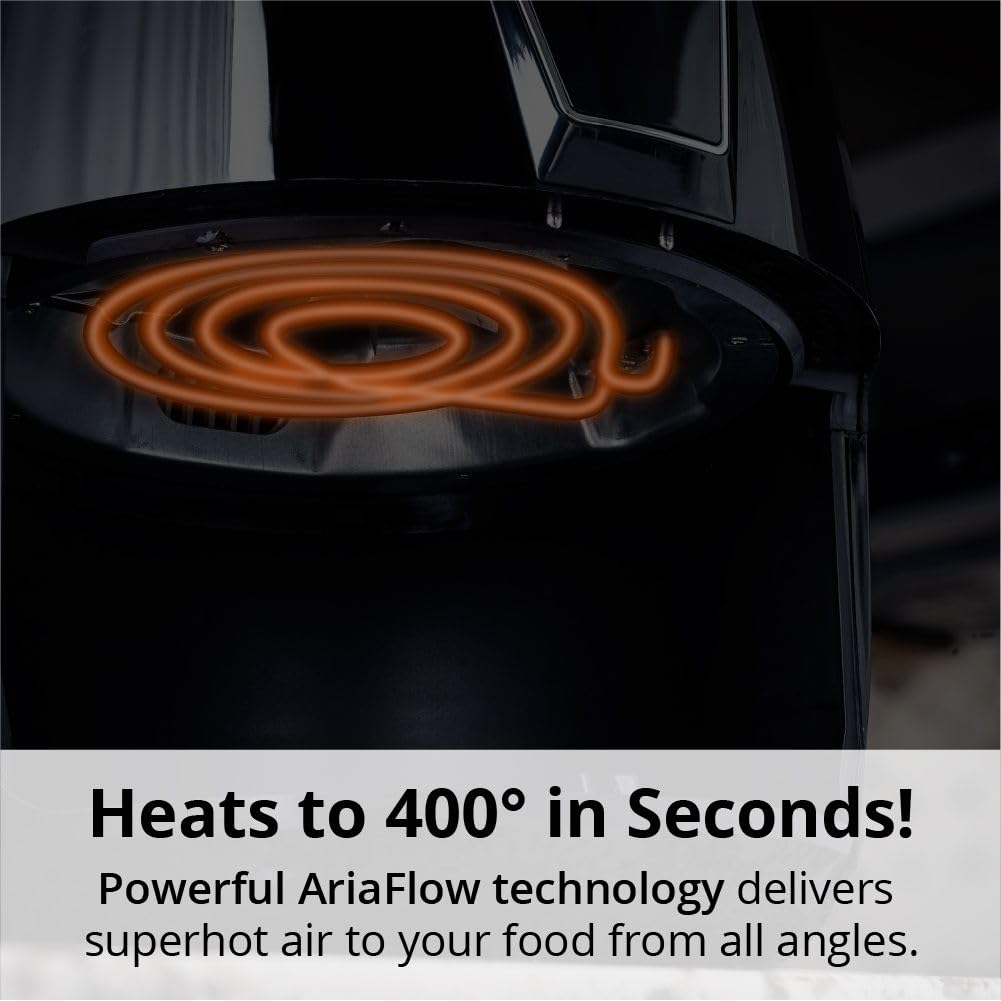 Aria 5 Quart Air Fryer with Non-Stick Ceramic Coating - Large Basket, Touchscreen Display, Auto Shutoff - BPA & Teflon Free, Dishwasher Safe - Includes Free Cookbook (Black) - Perfect for Healthy Frying, Roasting, Baking & Reheating Meals for Families