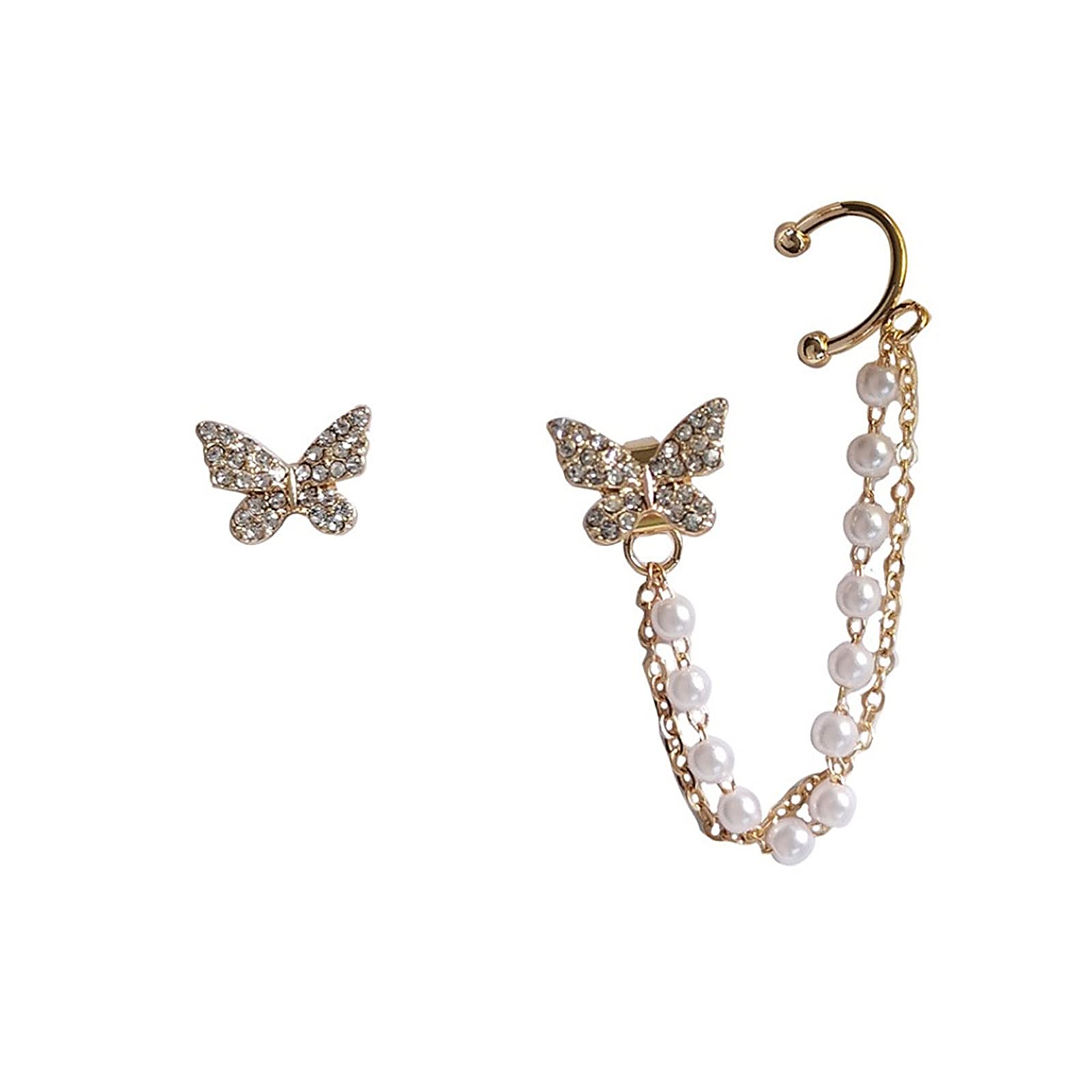 Stylish Double Butterfly Chain Cuff Wrap Earrings for Women - Rhinestone Stud Ear Cuffs with Tassel Drop Chain - Perfect for Parties, Weddings & Everyday Fashion Accessories