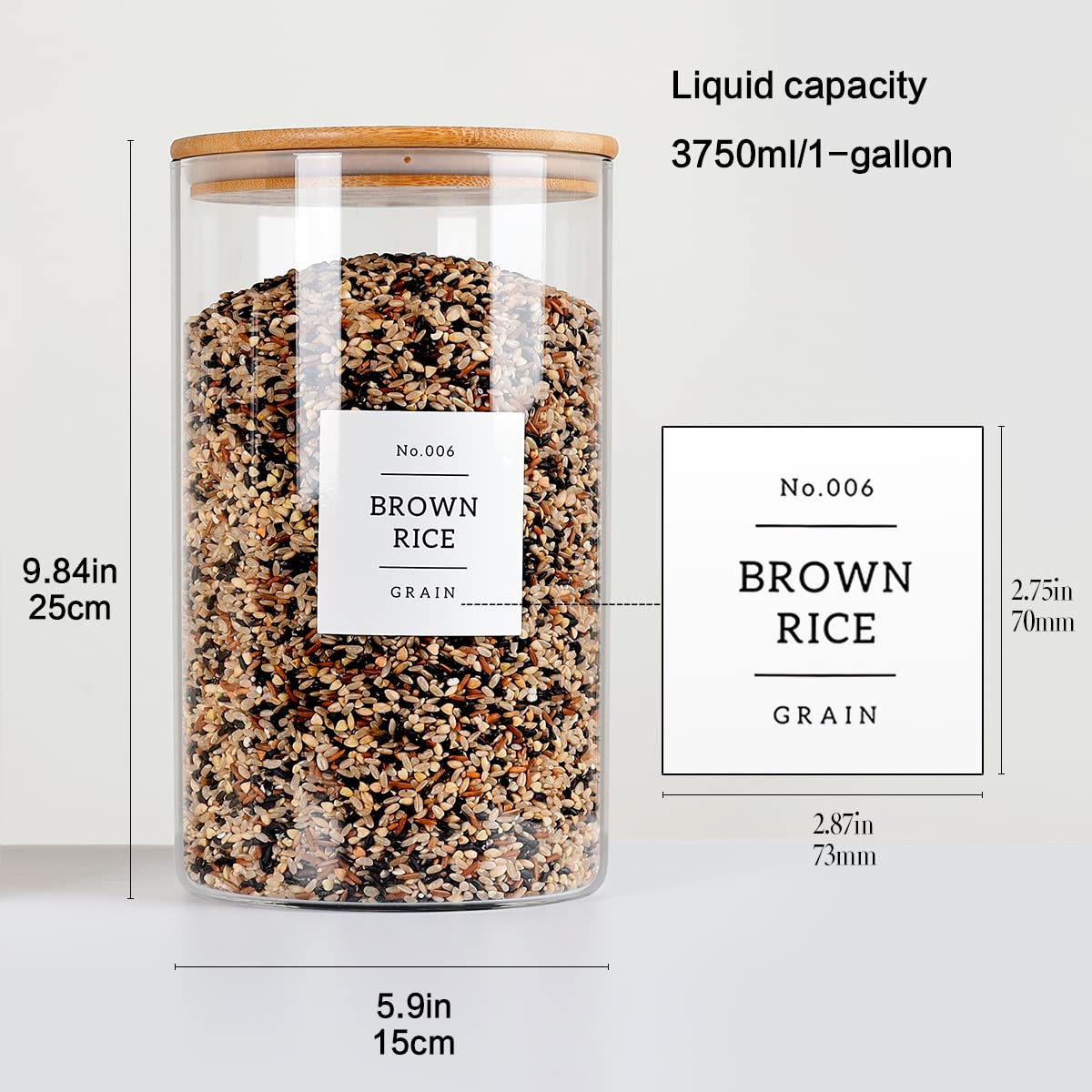 1 Gallon Large Glass Food Storage Containers with Airtight Bamboo Lid - Thick Clear Pantry Jars for Rice, Flour, Sugar & Dry Goods - Kitchen Organization with 42 Free Labels - Perfect for Meal Prep & Bulk Food Storage