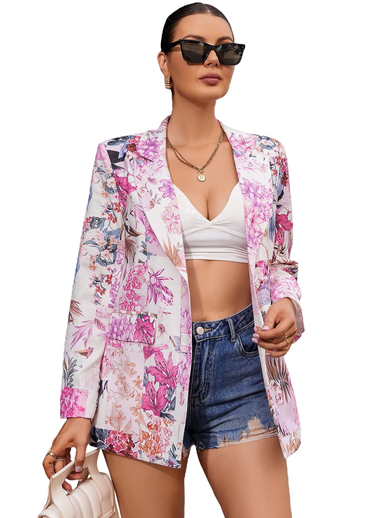 WDIRARA Women's Fashion Graphic Print Blazer - Button Open Front Long Sleeve Jacket for Office & Casual Wear - Multicolor Tweed Coat for Business, Dating & Fall Outfits
