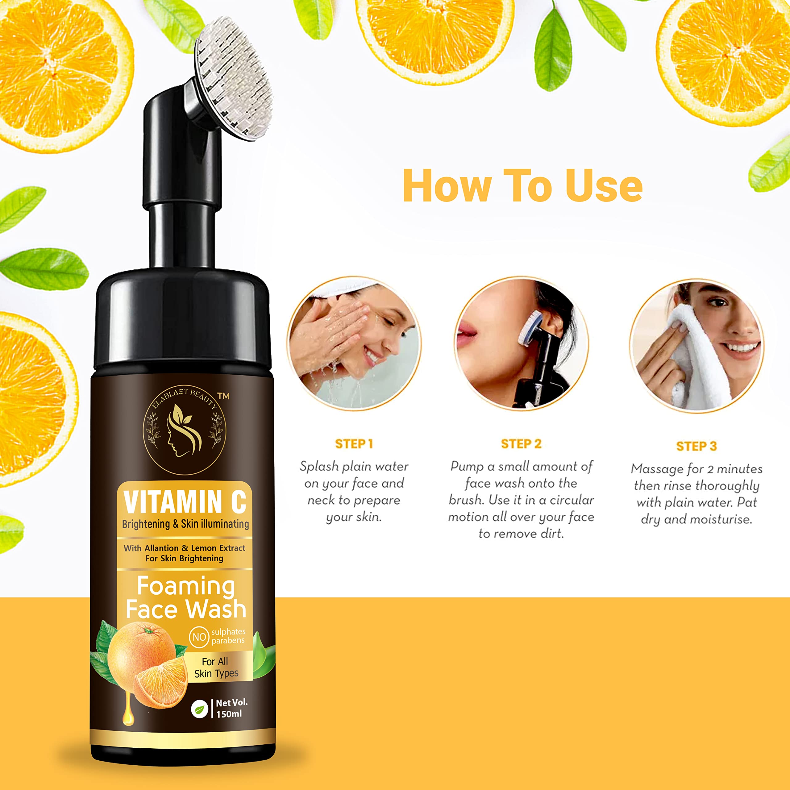 DIKUDI CREATION Vitamin C Foaming Face Wash with Built-In Cleansing Brush - Brightening, Deep Cleansing for Spotless Glow, Paraben & Silicone Free (150ml) | Perfect for Morning & Night Skincare Routine, Travel-Friendly Beauty Essential