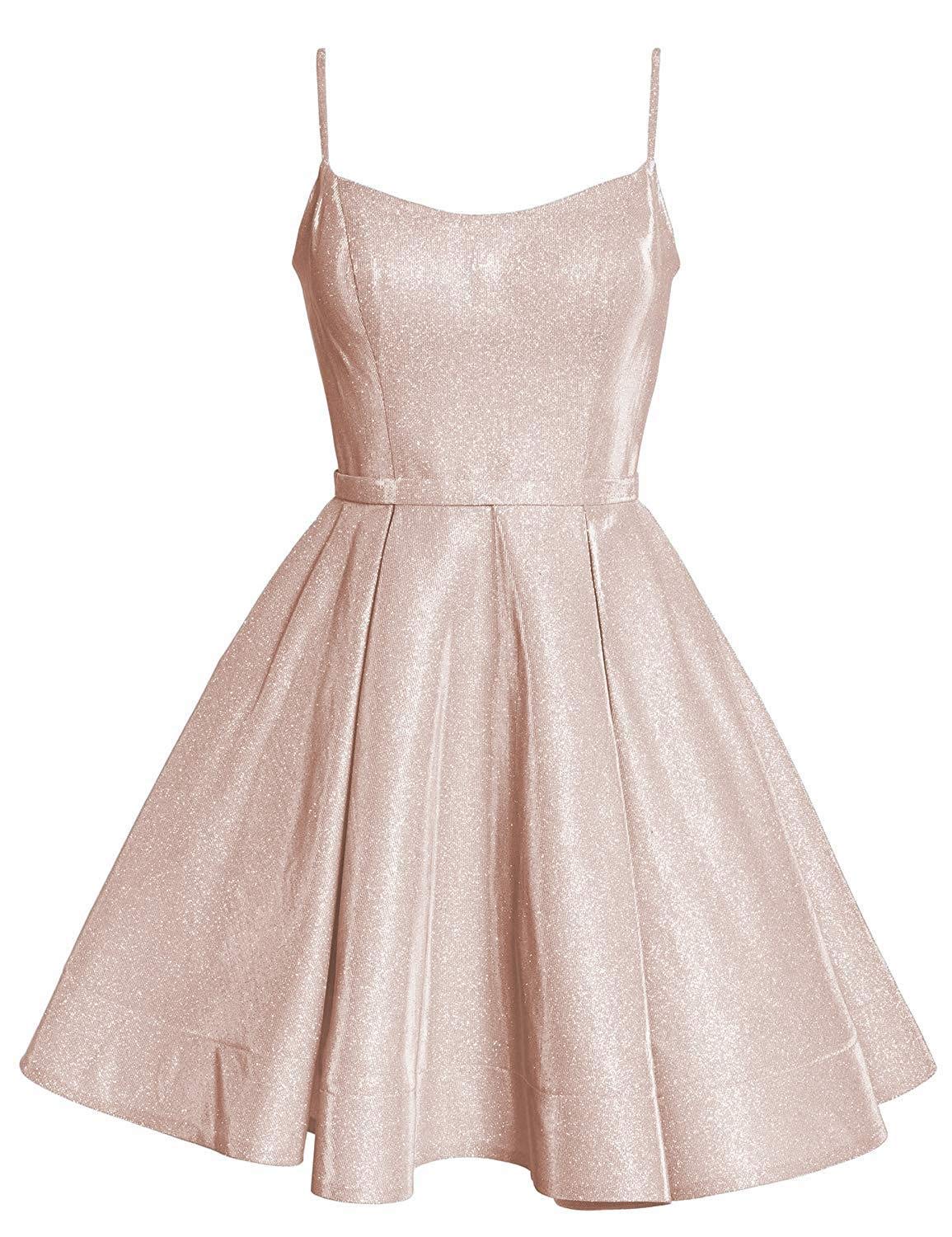 Elinadress Women's Glittery Satin Spaghetti Strap Prom Dress with Pockets - Short Homecoming Party Dress for Dances, Weddings & Special Occasions