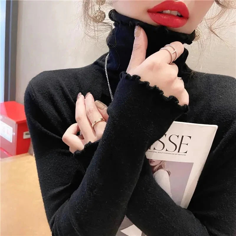 Fold Turtleneck High Elastic Solid Color Sweater - Women's Stretchy Knit Pullover for Winter Warmth - Perfect for Office Wear & Casual Outfits