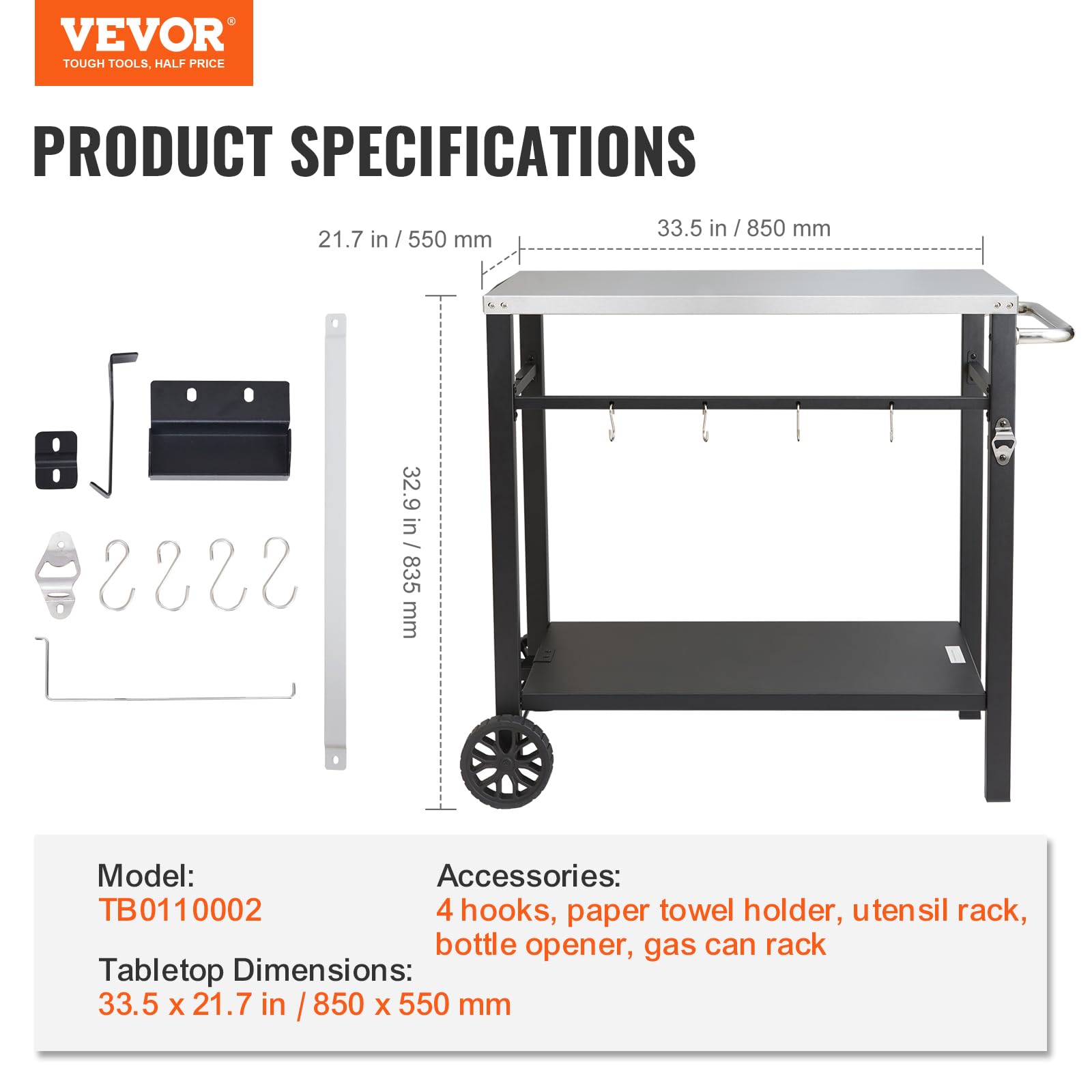 VEVOR Stainless Steel Outdoor Grill Cart with Double Shelves - Portable BBQ Prep Table with Wheels & Handle for Pizza Oven, Camping & Backyard Cooking - Heavy Duty Mobile Workstation for Patio, Garden & Tailgating Parties
