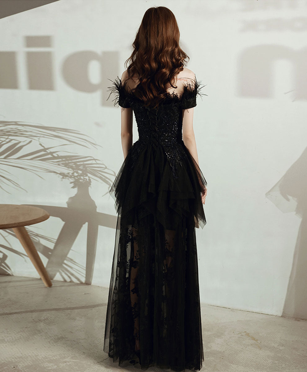 Elegant Black Tulle Lace Long Prom Dress - Formal Evening Gown with Lace Details for Homecoming, Wedding, and Special Occasions