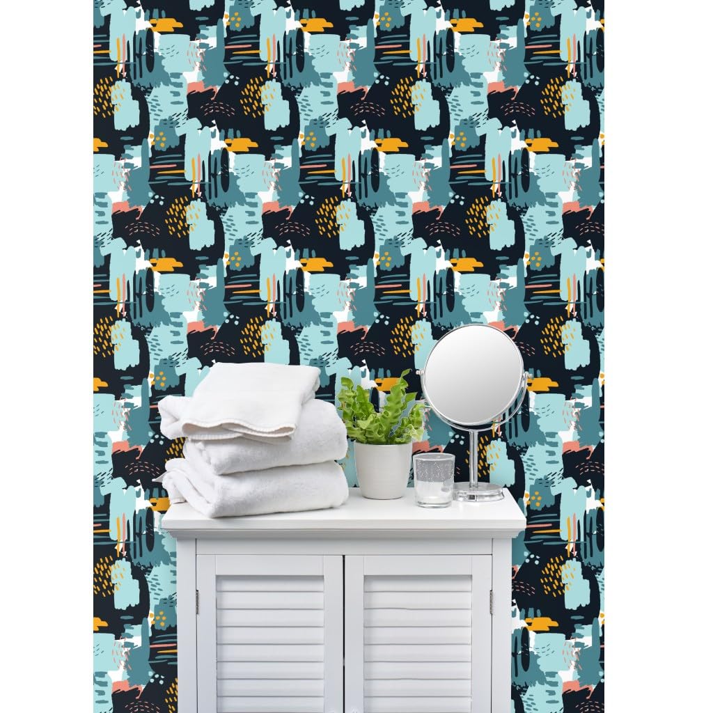 Commercial Grade Spoonflower Wallpaper Swatch - Large Painterly Blue & Gold Abstract Design with Paint Brush Motif | Perfect for Kids' Rooms, Nurseries & Modern Home Decor