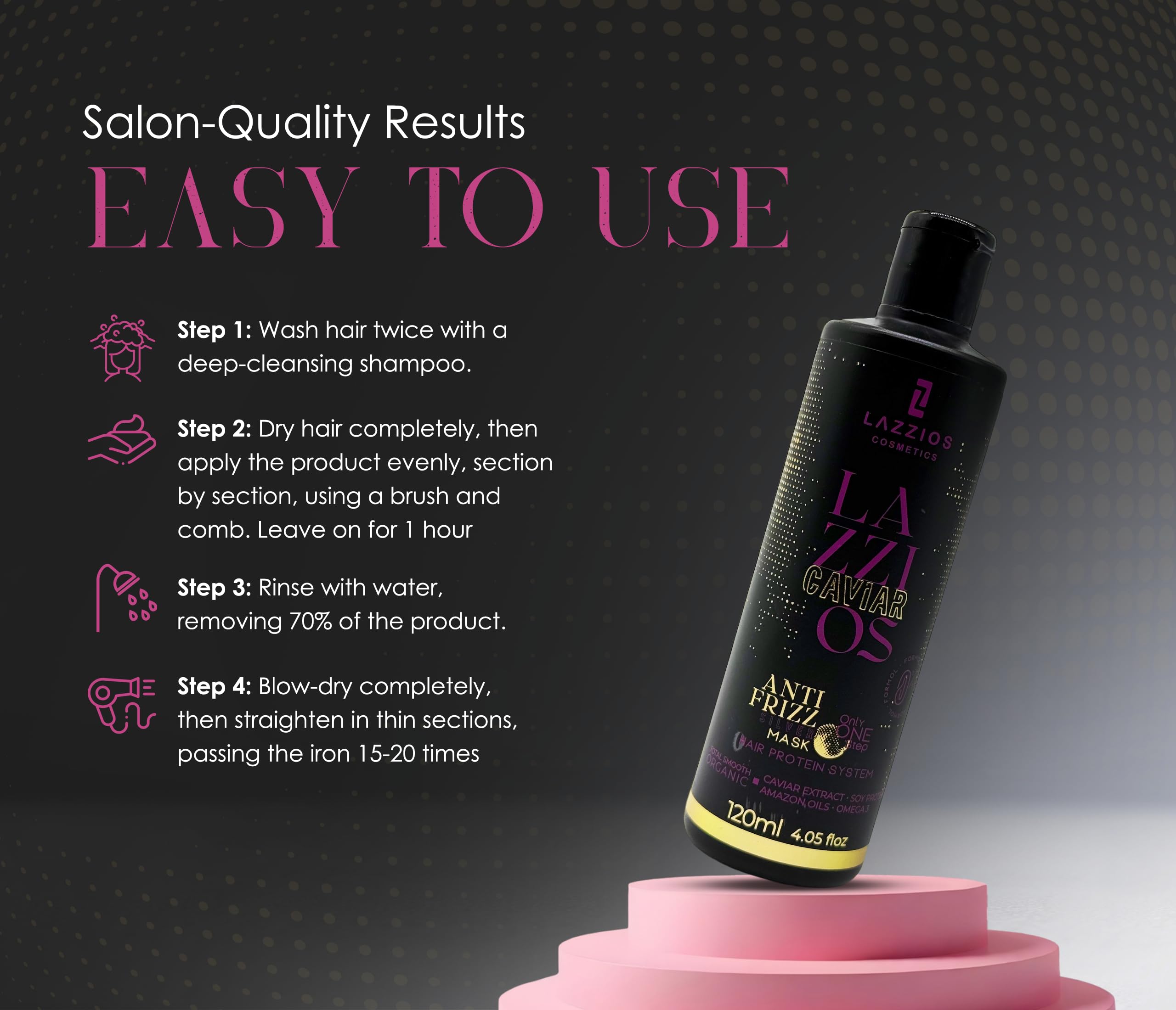 Lazzios Caviar Organic Hair Protein Treatment – Brazilian Straightening & Anti-Frizz Formula with Hyaluronic Acid, Hydrolyzed Keratin & Caviar Extract – Formaldehyde-Free, 120ml – For Smooth, Shiny & Manageable Hair at Home or Salon