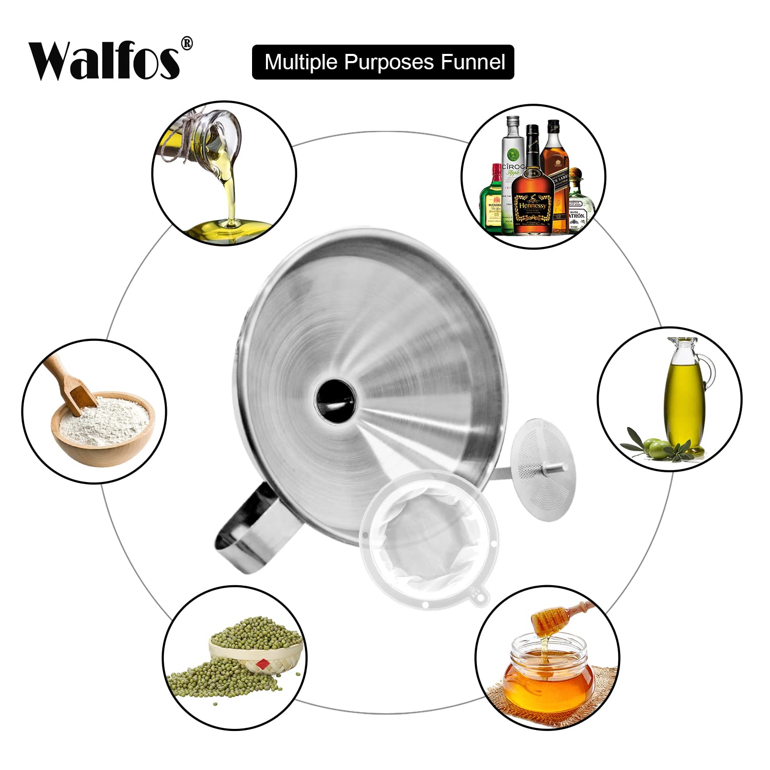 Premium Stainless Steel Kitchen Funnel with 2 Removable Strainers & Cleaning Brush - Ideal for Liquids, Oils, Jam, Dry Ingredients & Powder Transfer (4.9