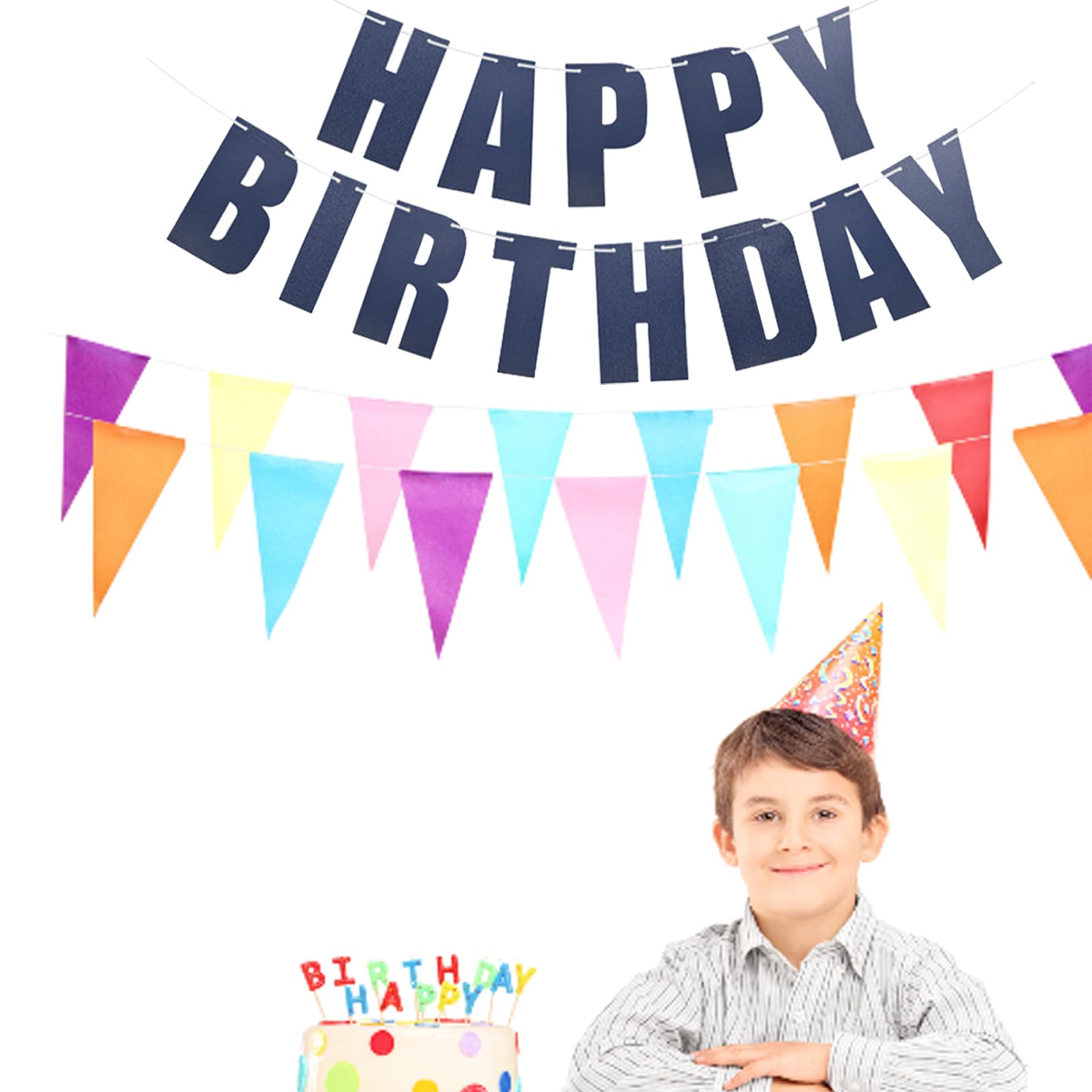 MEETINGU Dark Blue Happy Birthday Banner & Bunting - Party Decoration Supplies for Adults, Kids, Baby Showers & Birthday Celebrations | Perfect for Indoor & Outdoor Hanging Decor