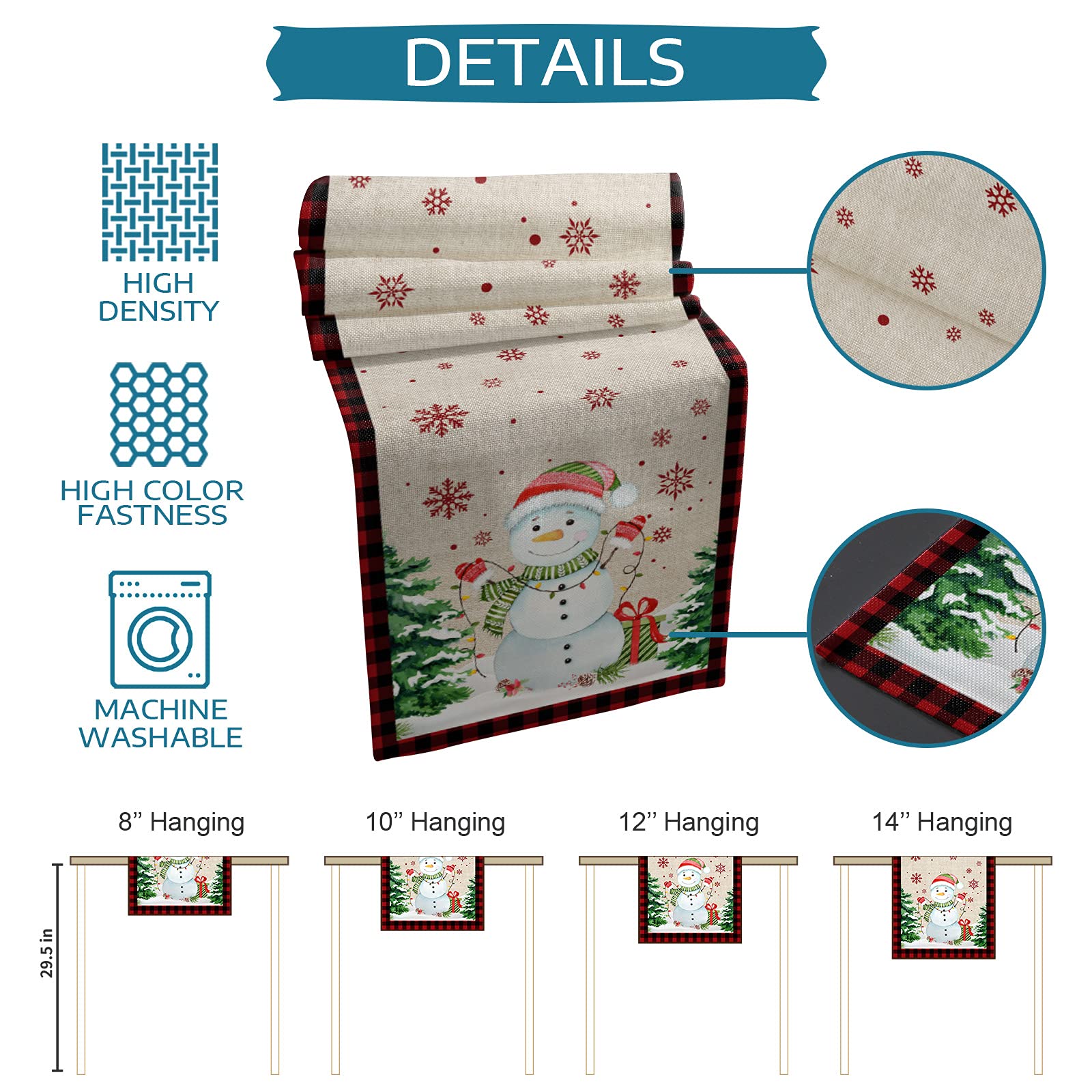 90 Inch Christmas Table Runner - Xmas Snowman Tree Snowflake Red Cotton Linen Kitchen Decor | Farmhouse Buffalo Plaid Check Burlap Tablecloth for Dining, Coffee, Party & Wedding | Perfect for Holiday Gatherings and Festive Home Decor